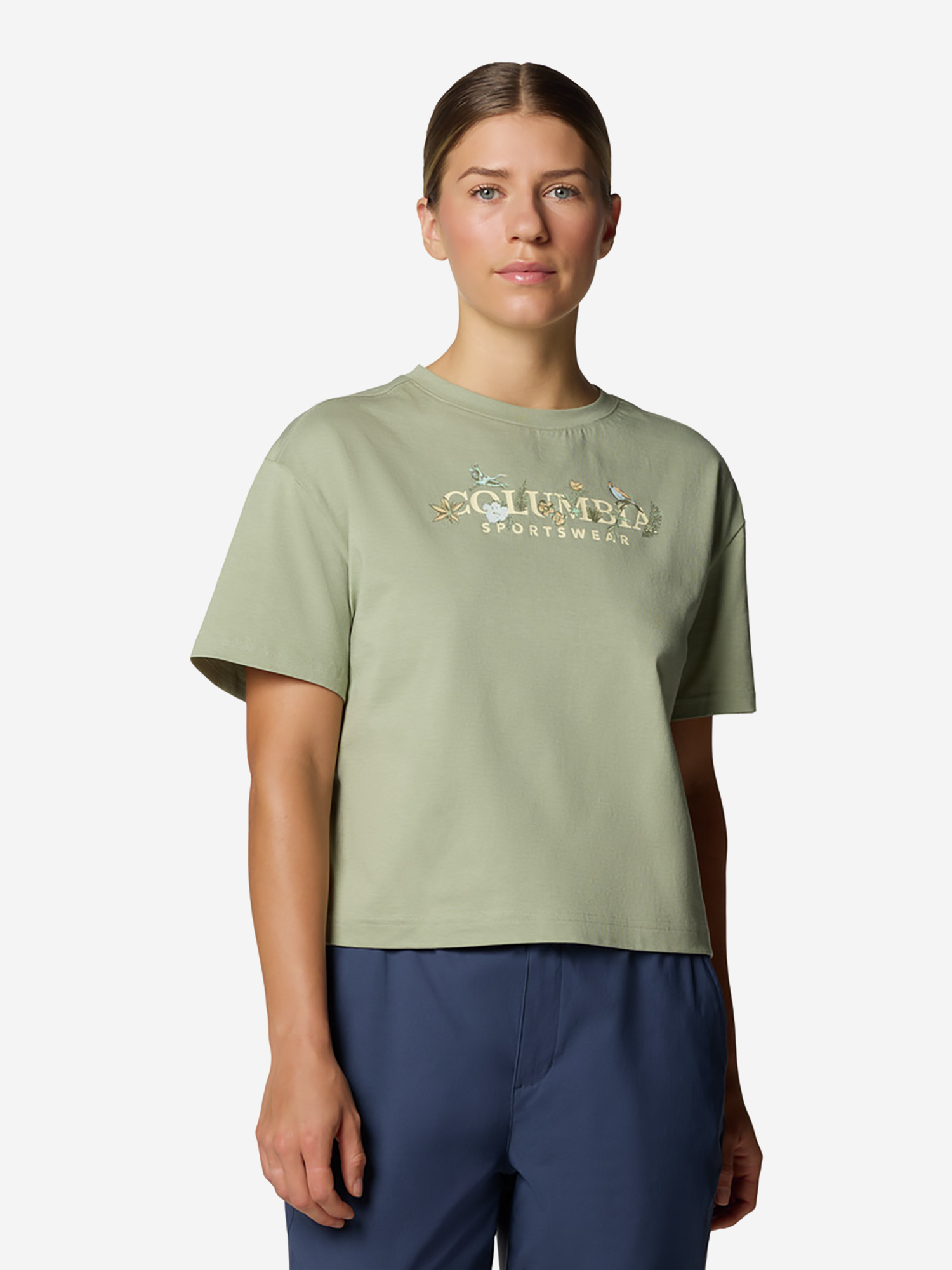 фото Футболка женская columbia rolling bend graphic relaxed crop ss, зеленый