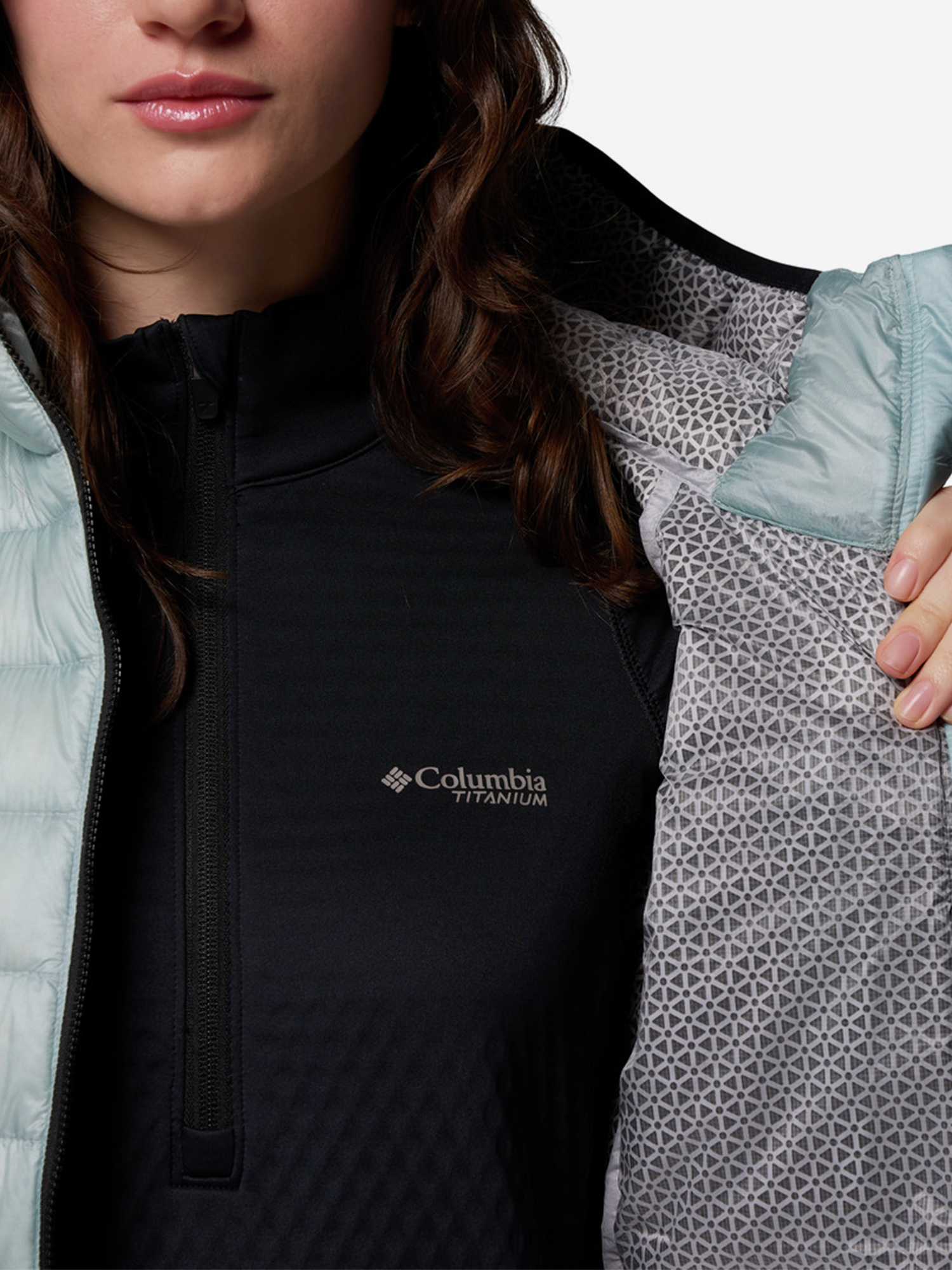 фото Пуховик женский columbia arctic crest down hooded jacket, голубой