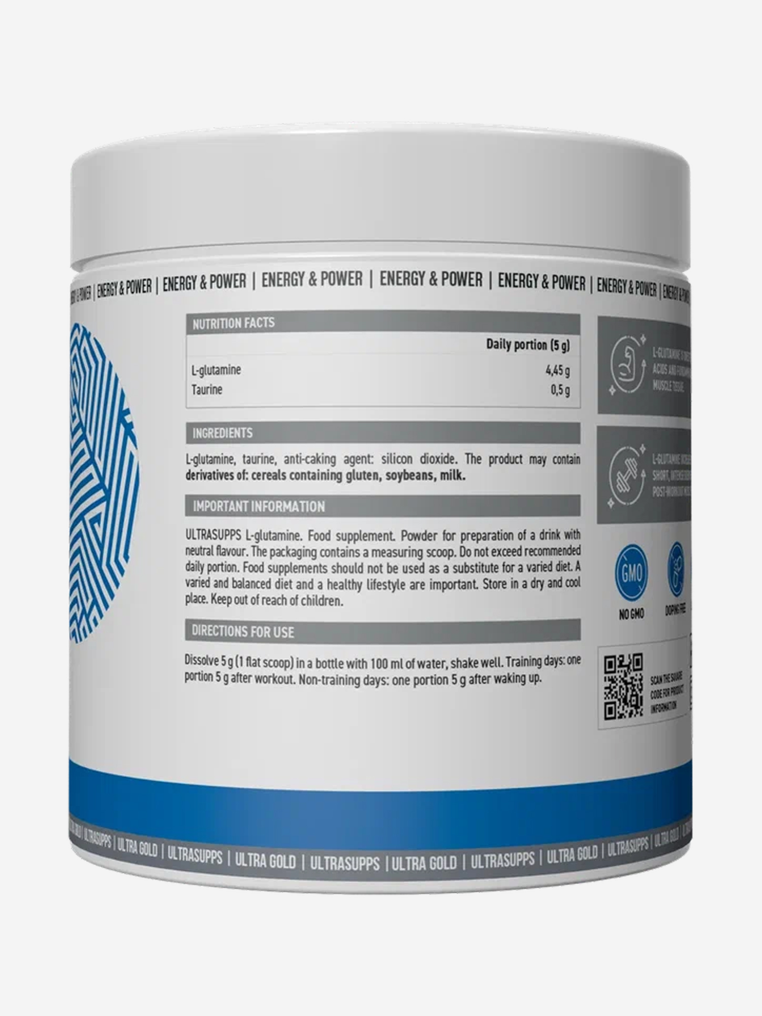 фото Л-глютамин ultrasupps ultra gold, 300 г, белый