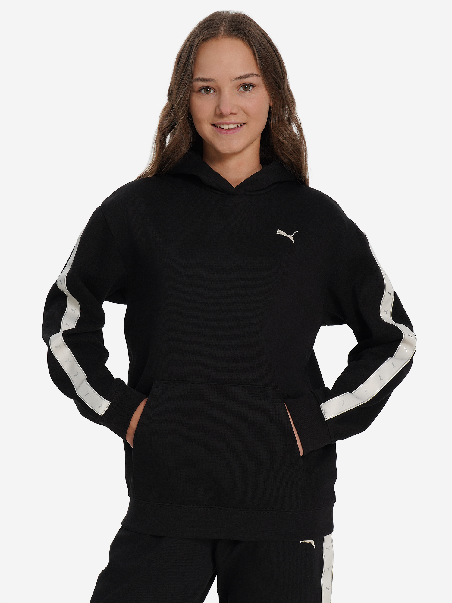 фото Худи для девочек puma tape relaxed, черный