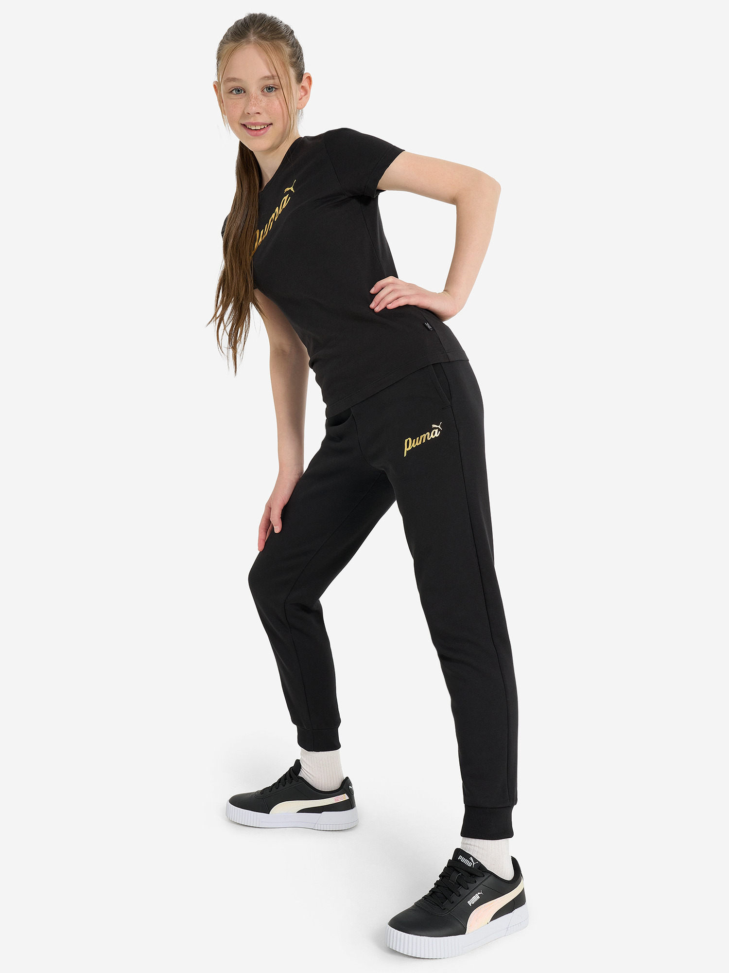 фото Брюки для девочек puma ess+ script metallic, черный