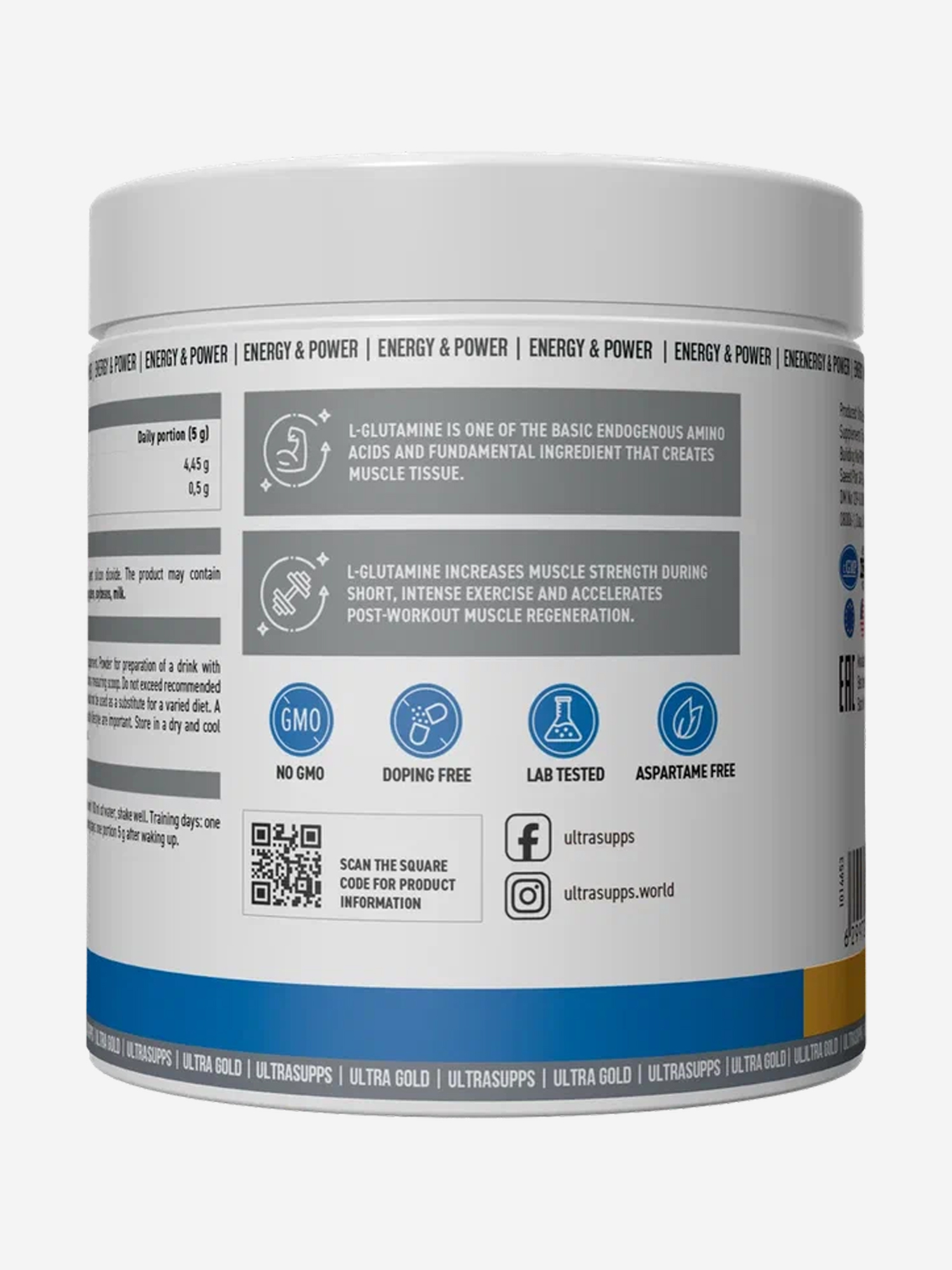 фото Л-глютамин ultrasupps ultra gold, 300 г, белый