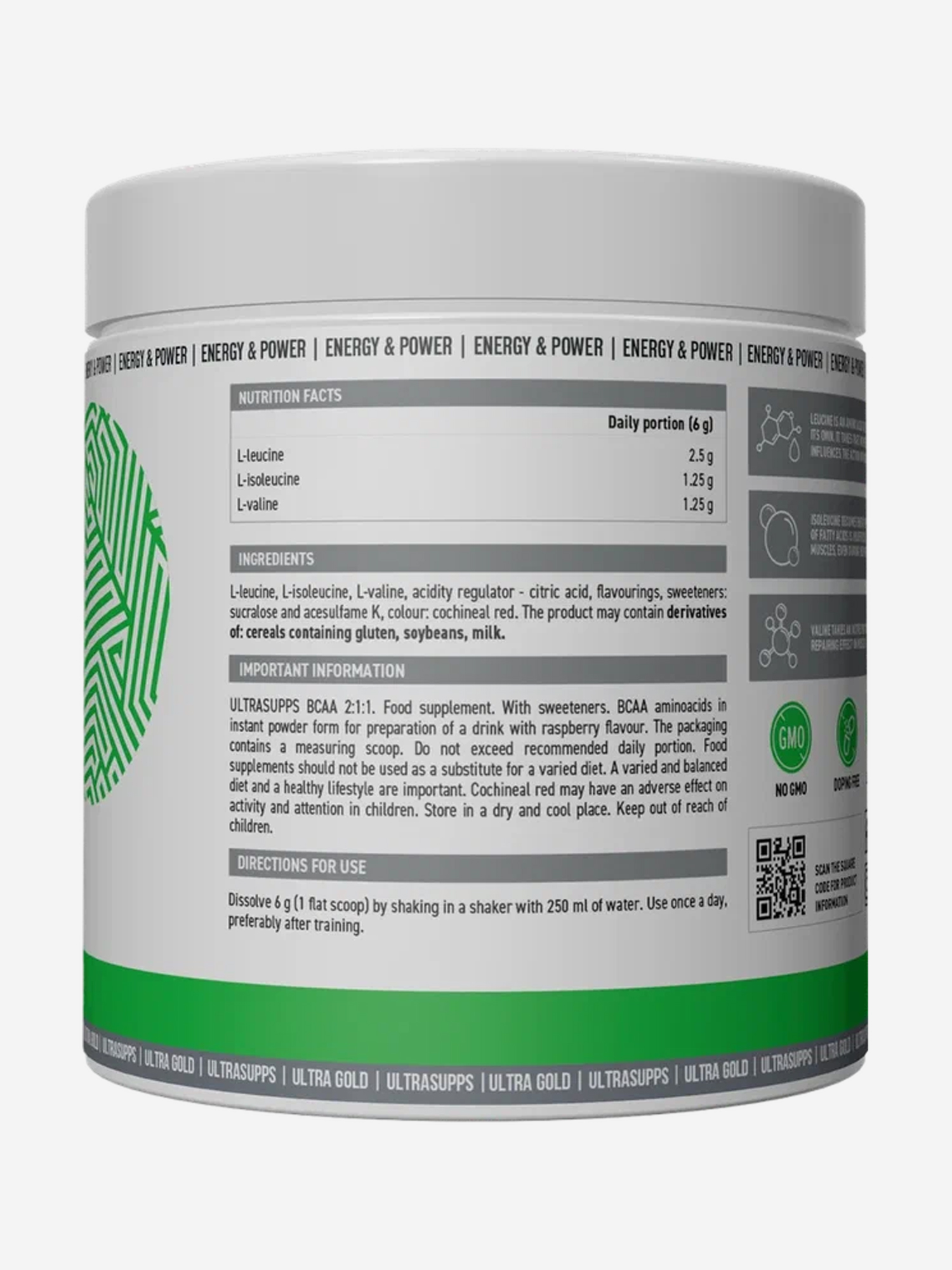 фото Аминокислоты bcaa 2:1:1 ultrasupps "малина", 300 г, белый