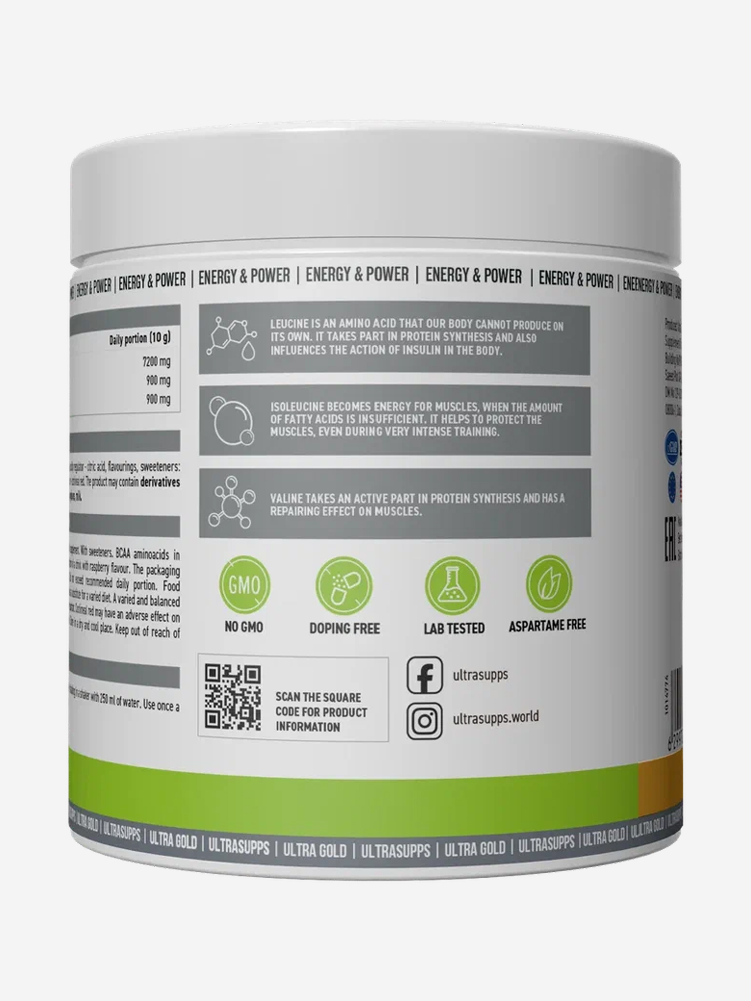 фото Аминокислоты bcaa 8:1:1 ultrasupps ultra gold "малина", 300 г, белый