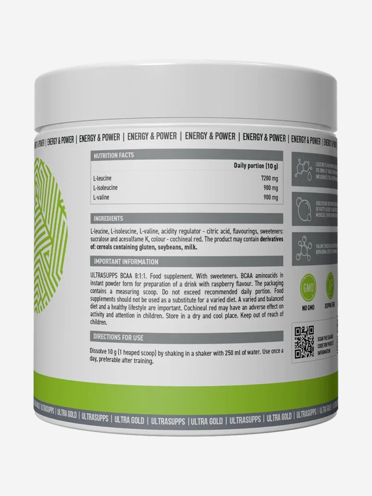 фото Аминокислоты bcaa 8:1:1 ultrasupps ultra gold "малина", 300 г, белый