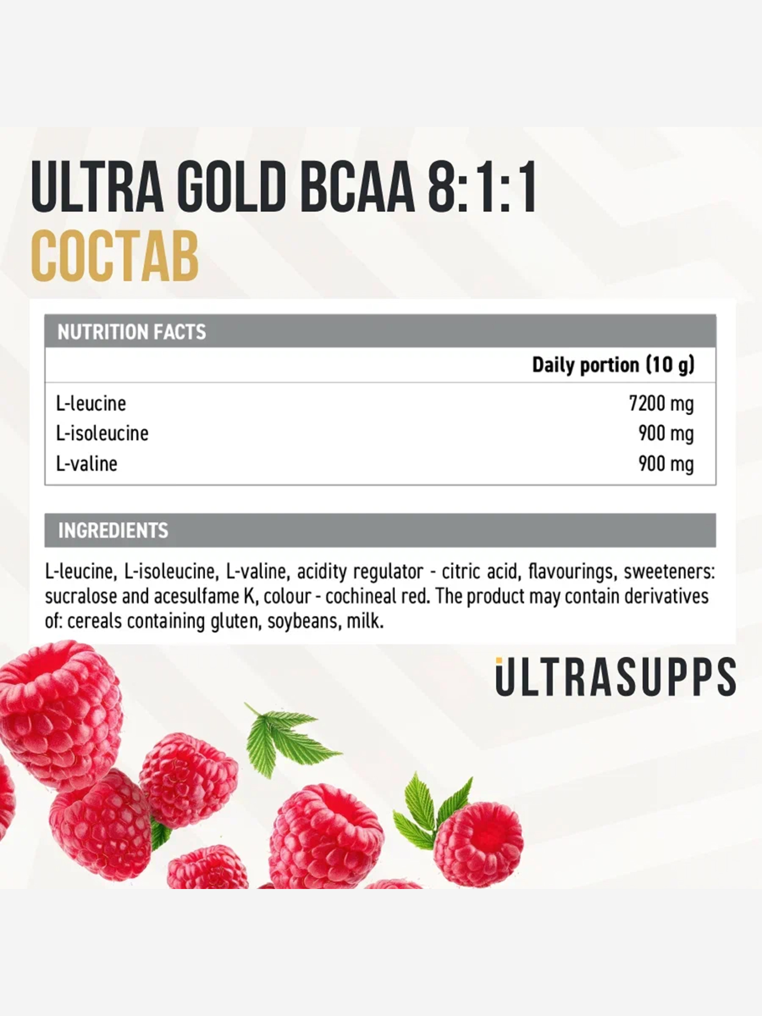фото Аминокислоты bcaa 8:1:1 ultrasupps ultra gold "малина", 300 г, белый