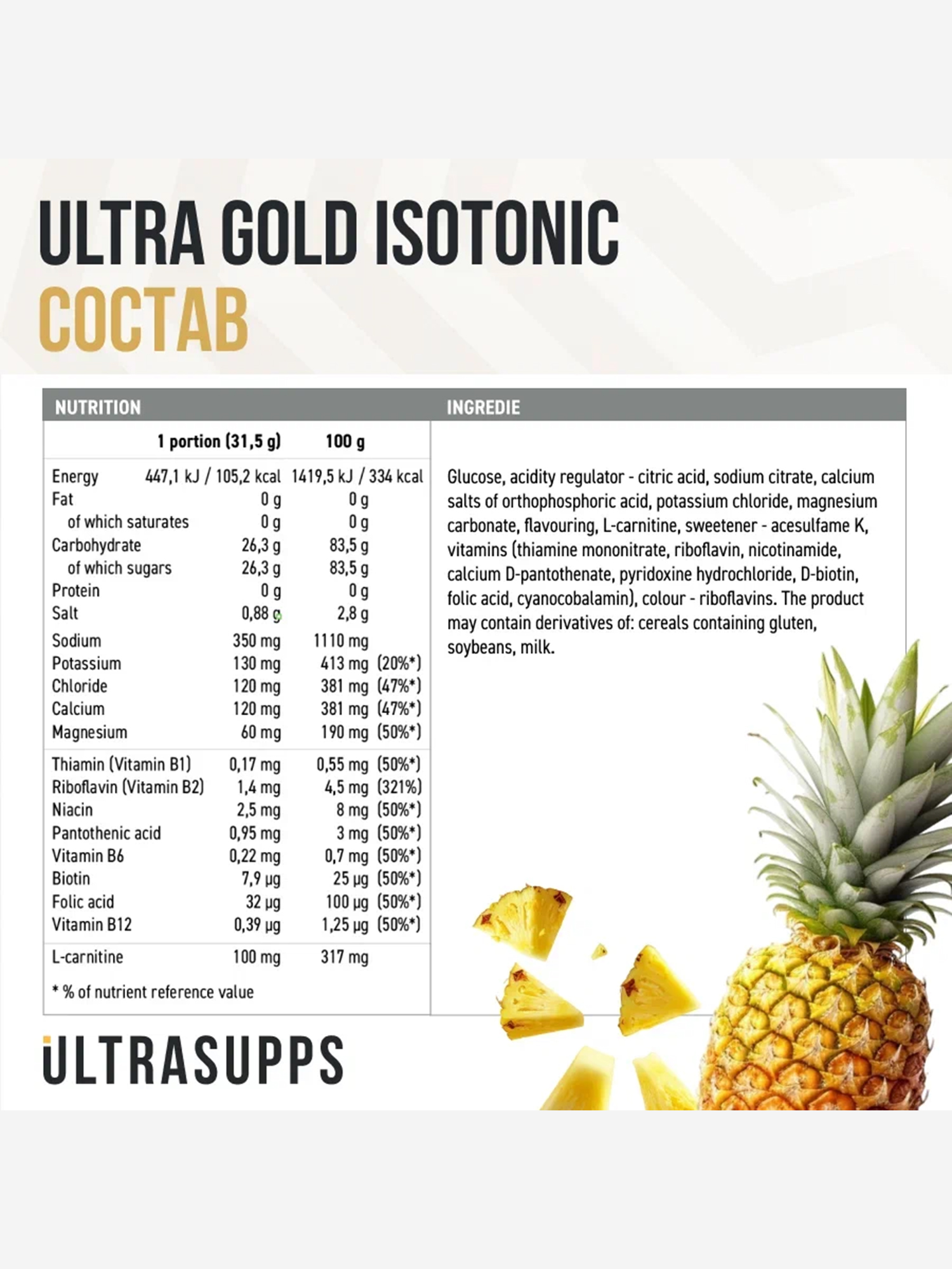 фото Изотоник ultrasupps ultra gold "ананас", 500 г, белый