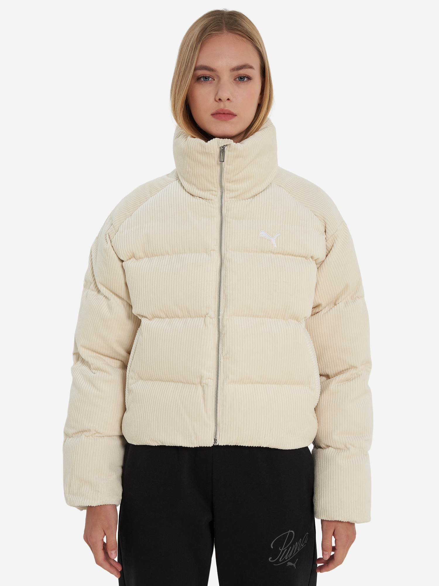 фото Пуховик женский puma wardrobe ess corduroy, бежевый