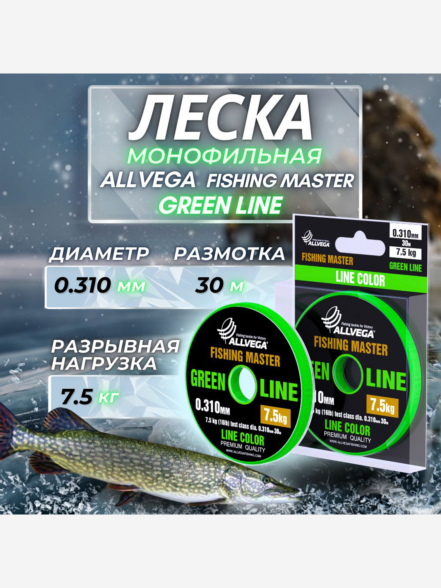 Леска монофильная ALLVEGA "Fishing Master" 30м 0,310мм (7,5кг) зеленая, Зеленый
Леска монофильная ALLVEGA "Fishing Master" 30м 0,310мм (7,5кг) зеленая, Зеленый