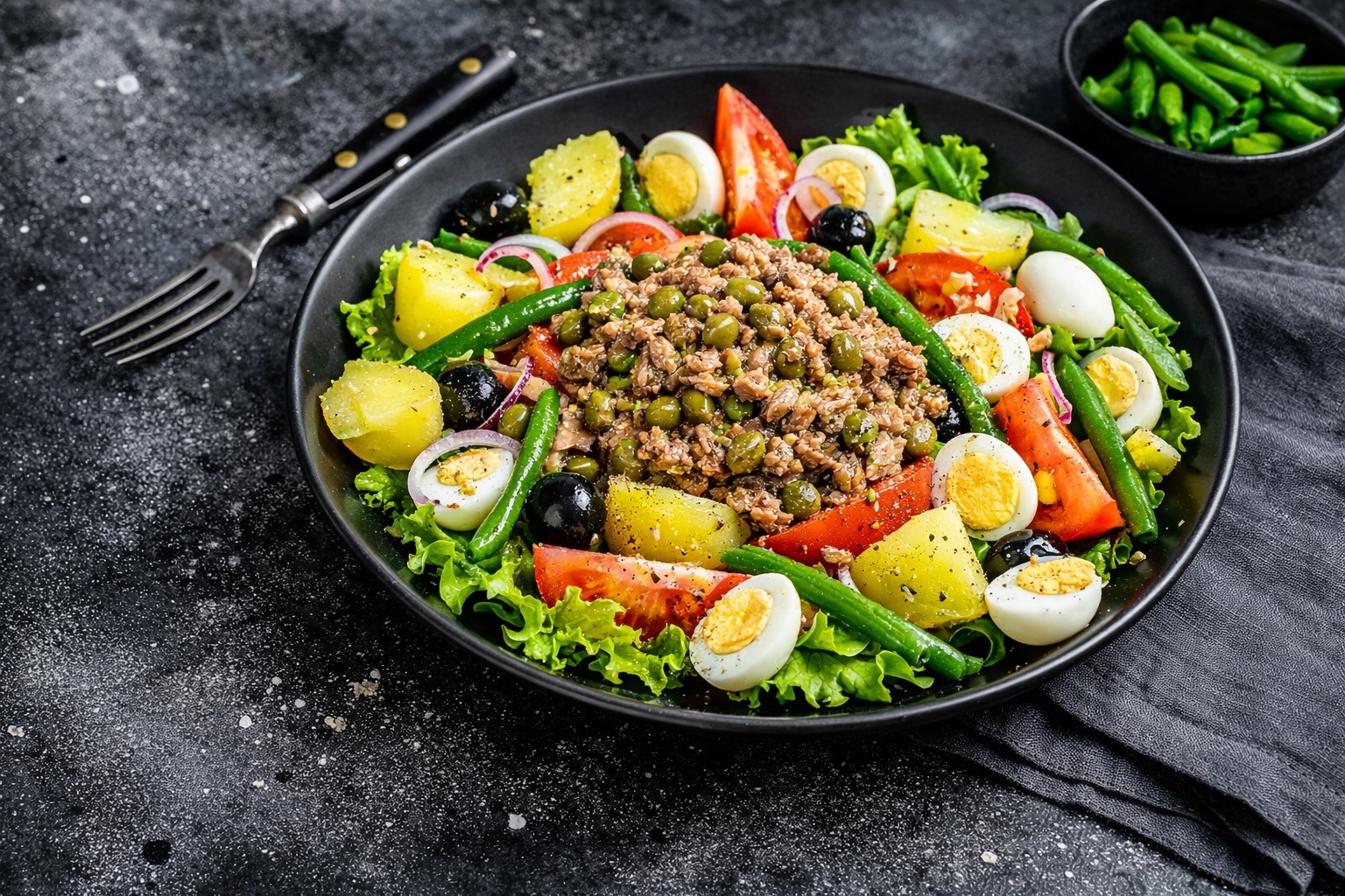 Теплый салат с зеленой фасолью, картофелем и анчоусной заправкой