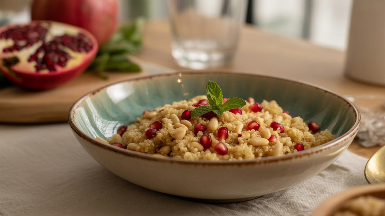 Киноа с кедровыми орехами, гранатом и мятой
