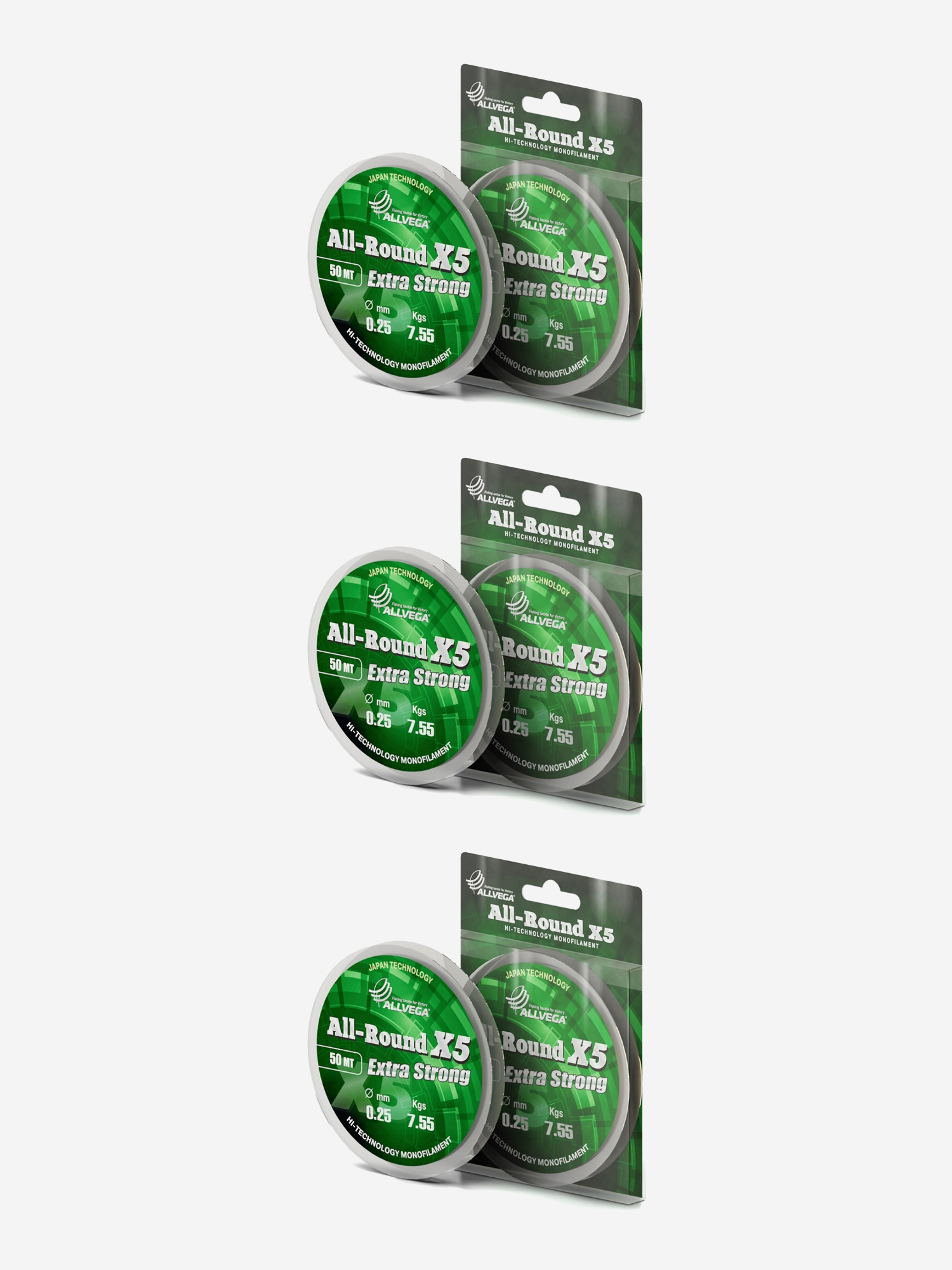 

Леска монофильная ALLVEGA "All-Round X5" набор 3 штуки по 50м 0,25мм (7,55кг) прозрачная, Белый