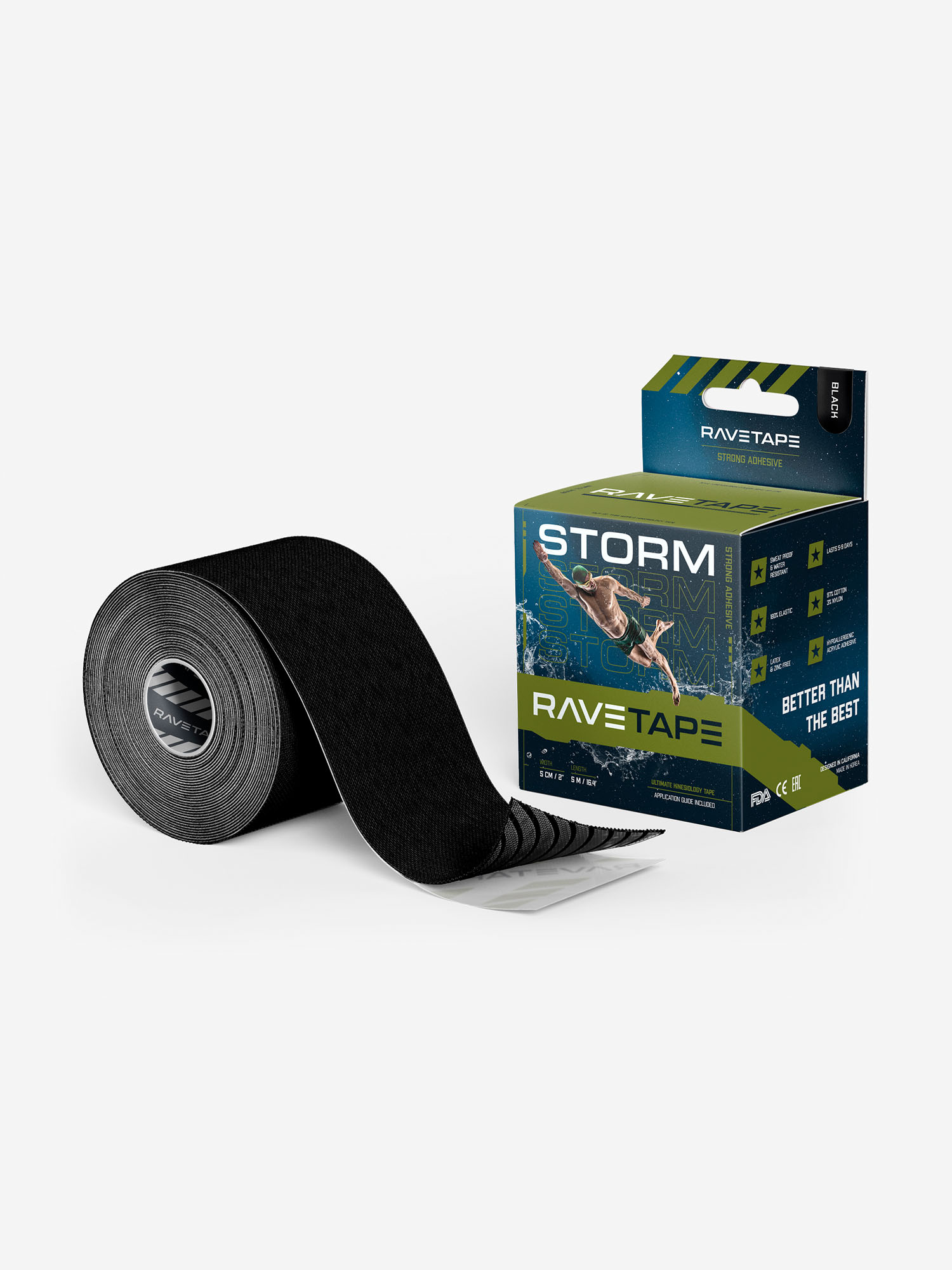 

Кинезиотейп RaveTape STORM 5×5 — Черный (BLACK), Черный