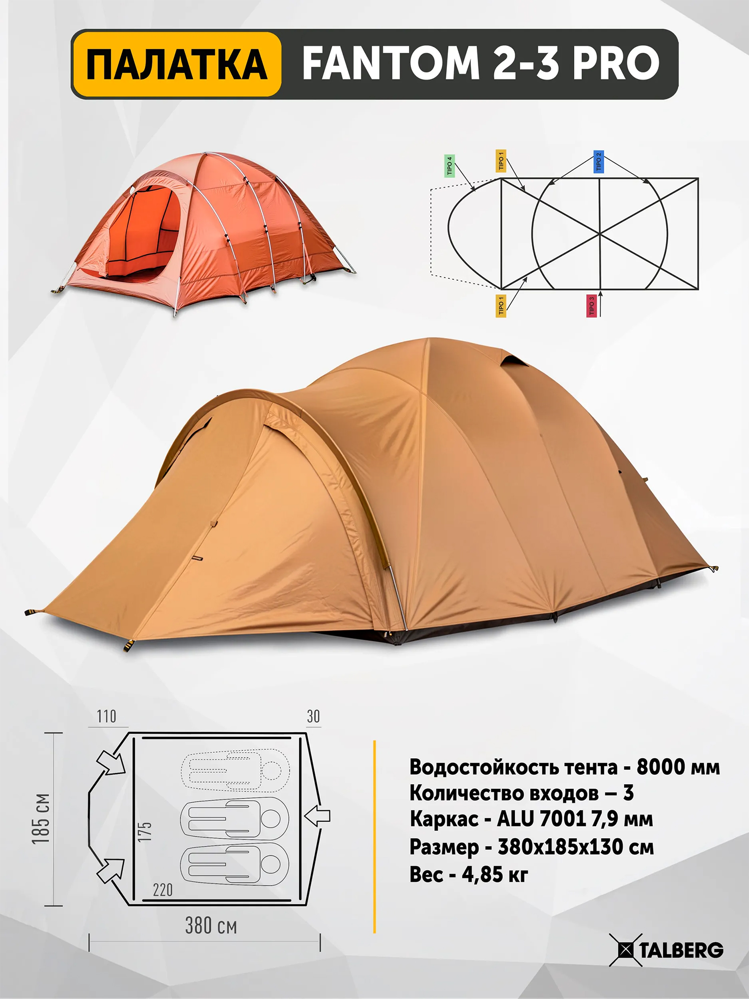 Изображение товара Палатка Talberg FANTOM 2-3 PRO трехместная туристическая экстремальная, алюминиевый каркас, двухслойная Изображение товара Палатка Talberg FANTOM 2-3 PRO трехместная туристическая экстремальная, алюминиевый каркас, двухслойная