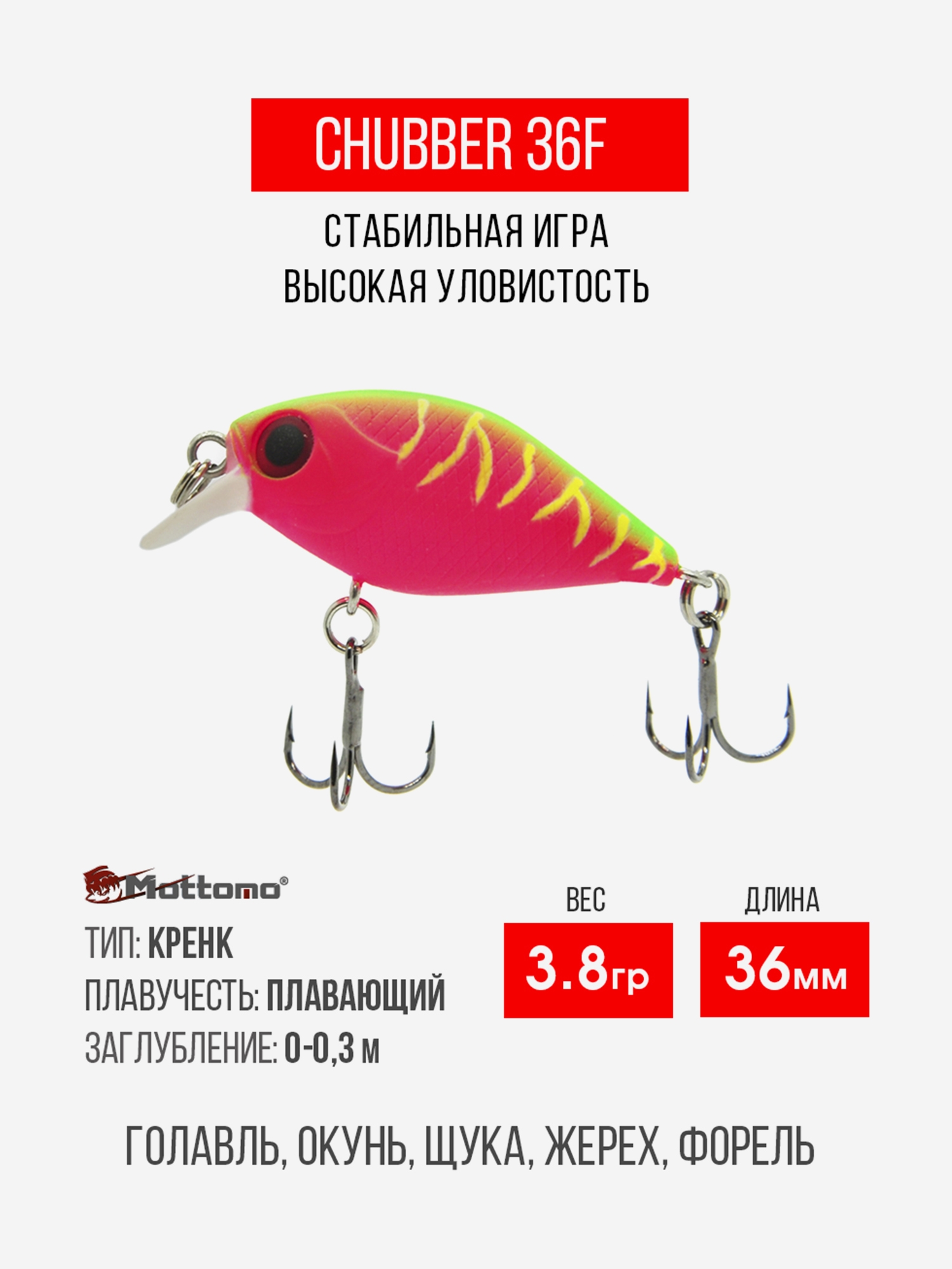 

Воблер для рыбалки Chubber 36F 3,8g приманка окуня, щуку, Розовый