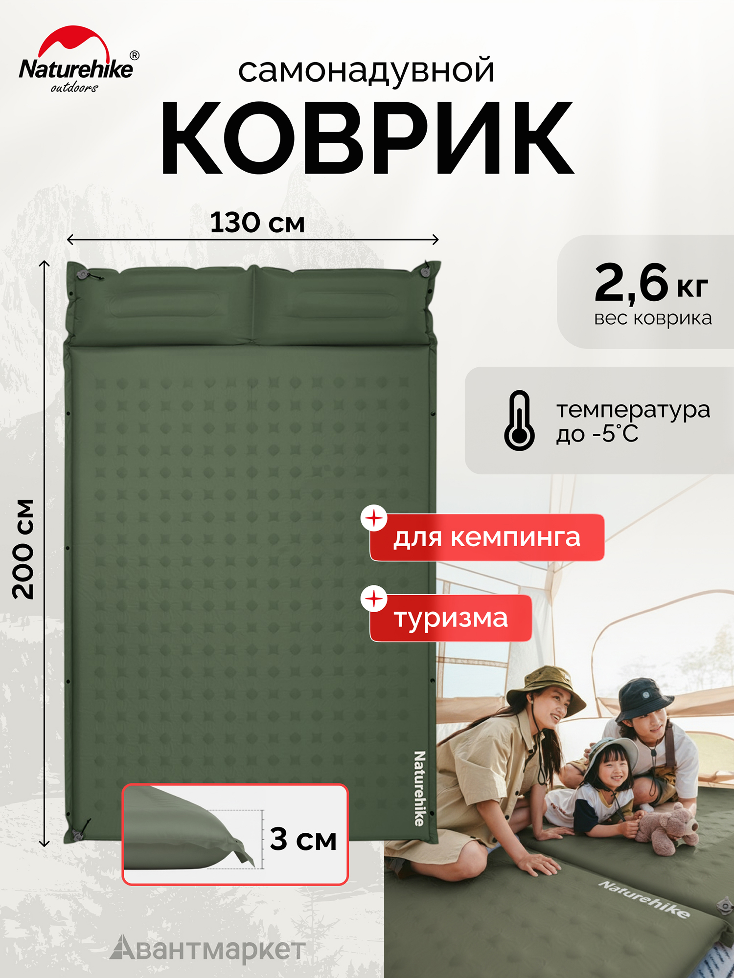 Изображение товара Коврик Naturehike CNK2550WS025 D Series 3см с подушкой R3.1 Double самонадувной туристический