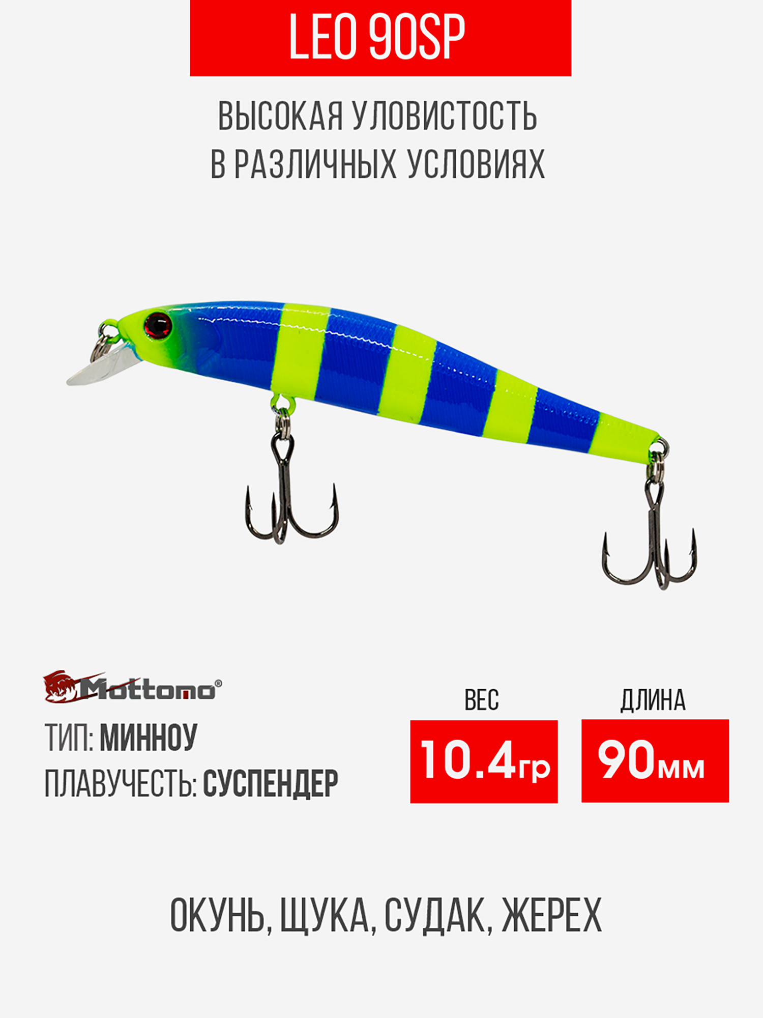 

Воблер Mottomo Leo 90SP 10,4g Blue Chartreuse, Голубой