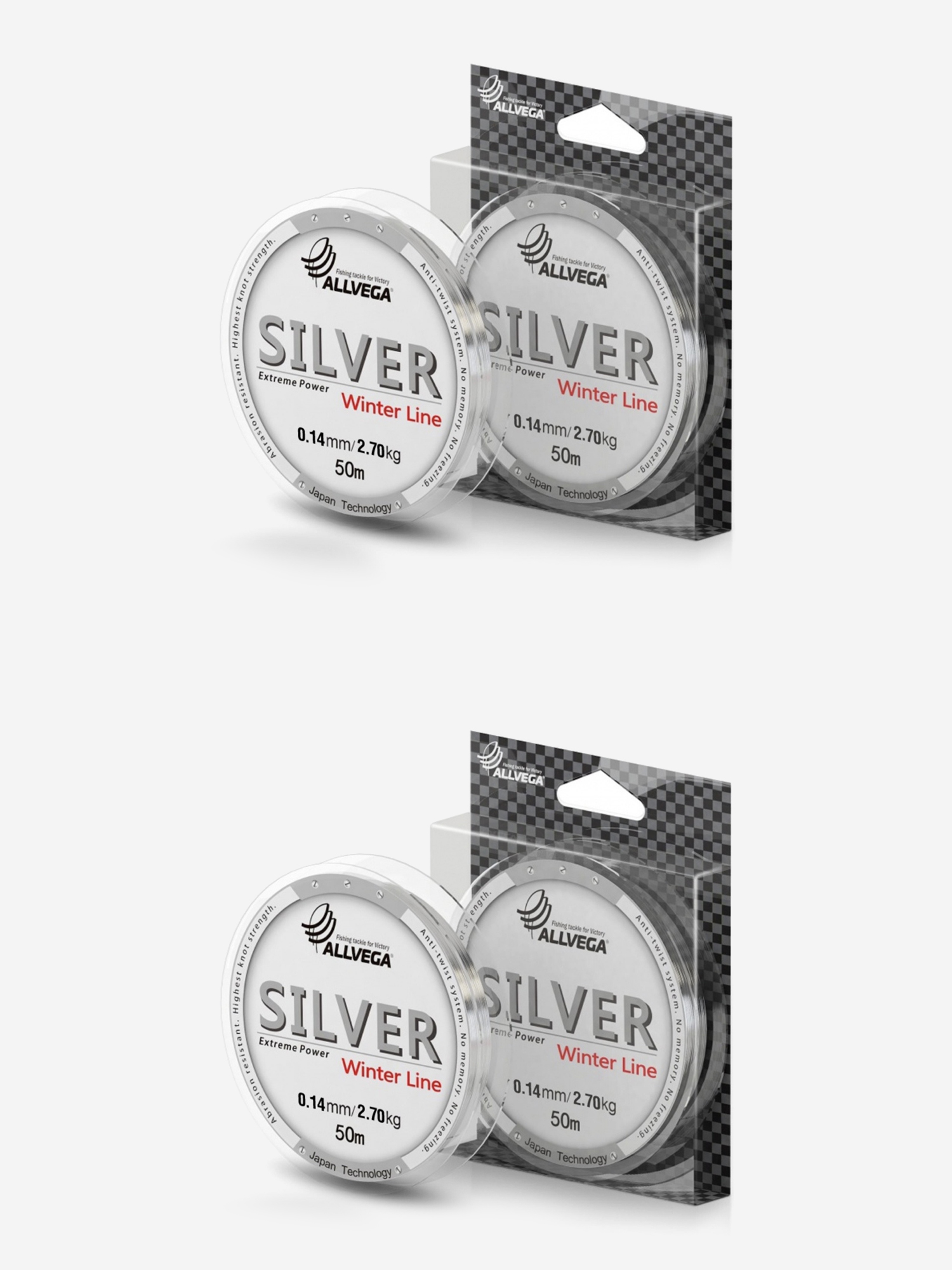 

Леска монофильная ALLVEGA "Silver" набор 2 штуки по 50м 0,14мм (2,70кг) серебристая, Серый