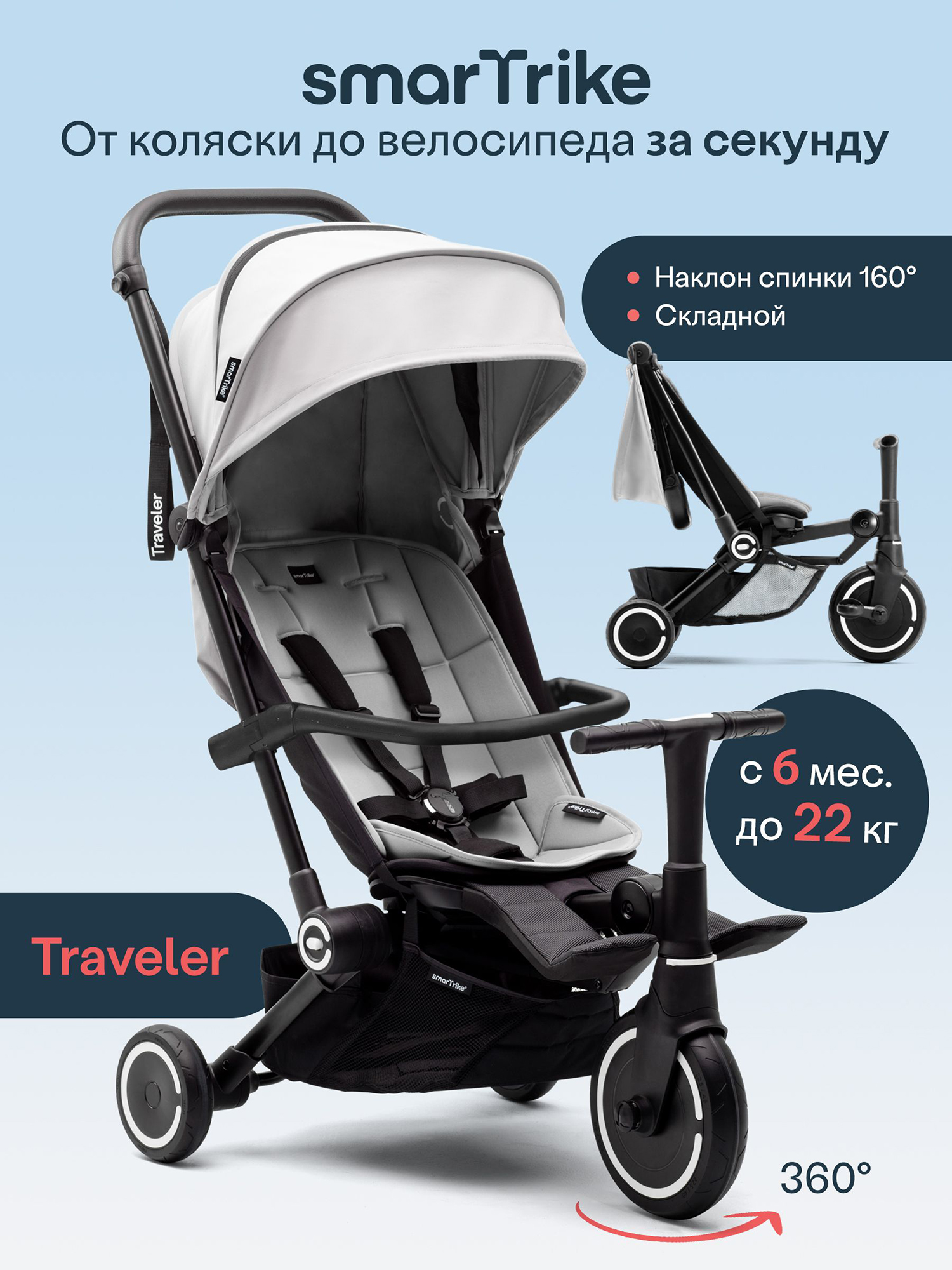 Изображение товара Детский трехколесный велосипед SmarTrike Traveler Everest White с ручкой и складной конструкцией