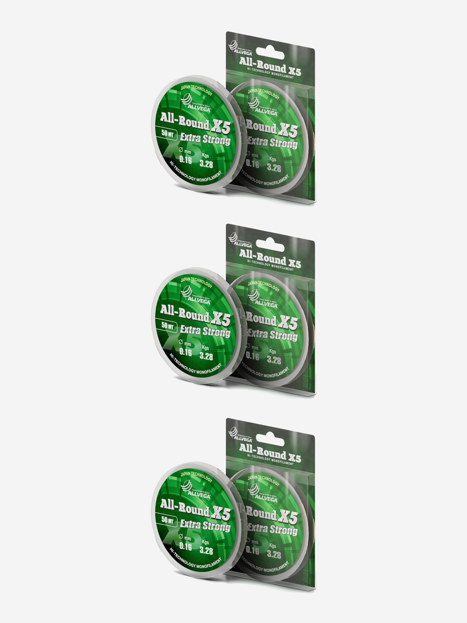 

Леска монофильная ALLVEGA "All-Round X5" набор 3 штуки по 50м 0,16мм (3,28кг) прозрачная, Белый