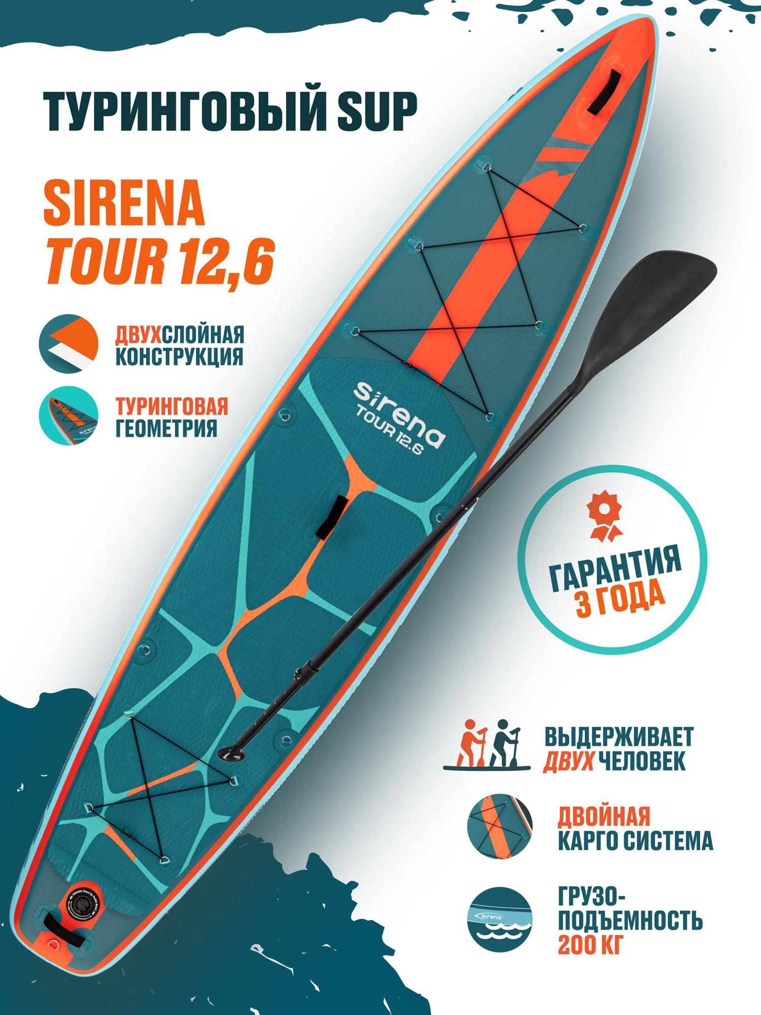 

Надувная двухслойная SUP-доска SIRENA TOUR 12,6, сапборд с веслом, насосом и рюкзаком, Мультицвет