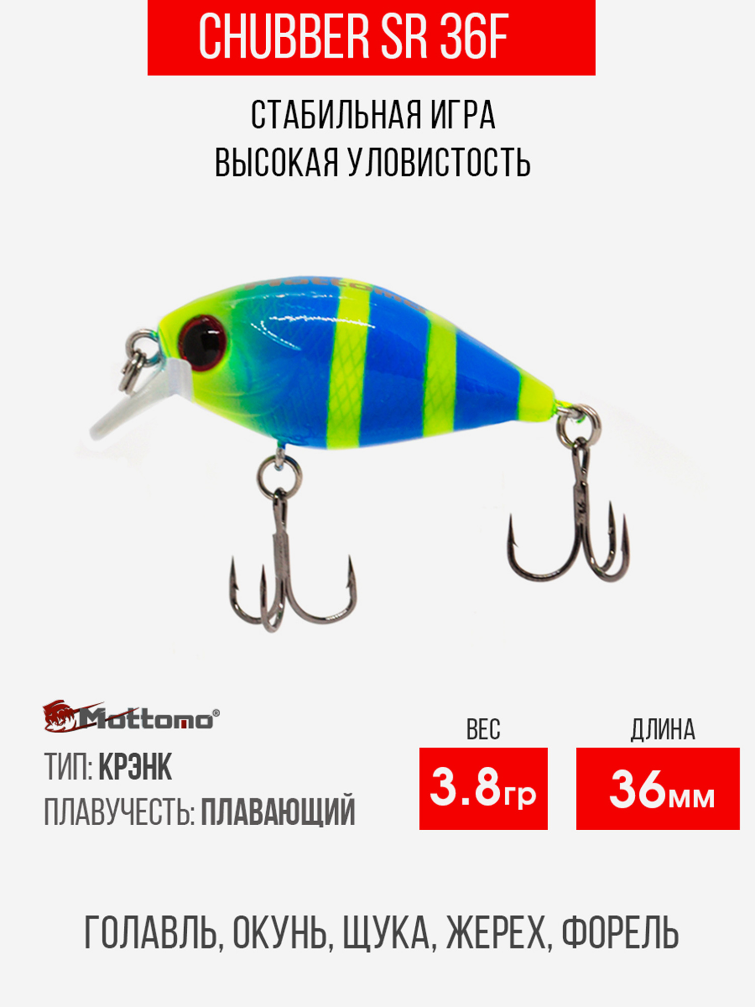 

Воблер Mottomo Chubber 36F 3,8g Blue Chartreuse, Голубой
