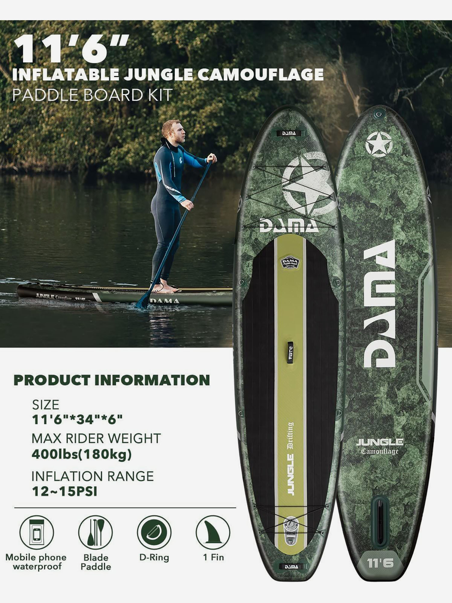 

Надувная SUP-доска DAMA GREEN, 11'6" 350*86*15 см сапборд, Зеленый