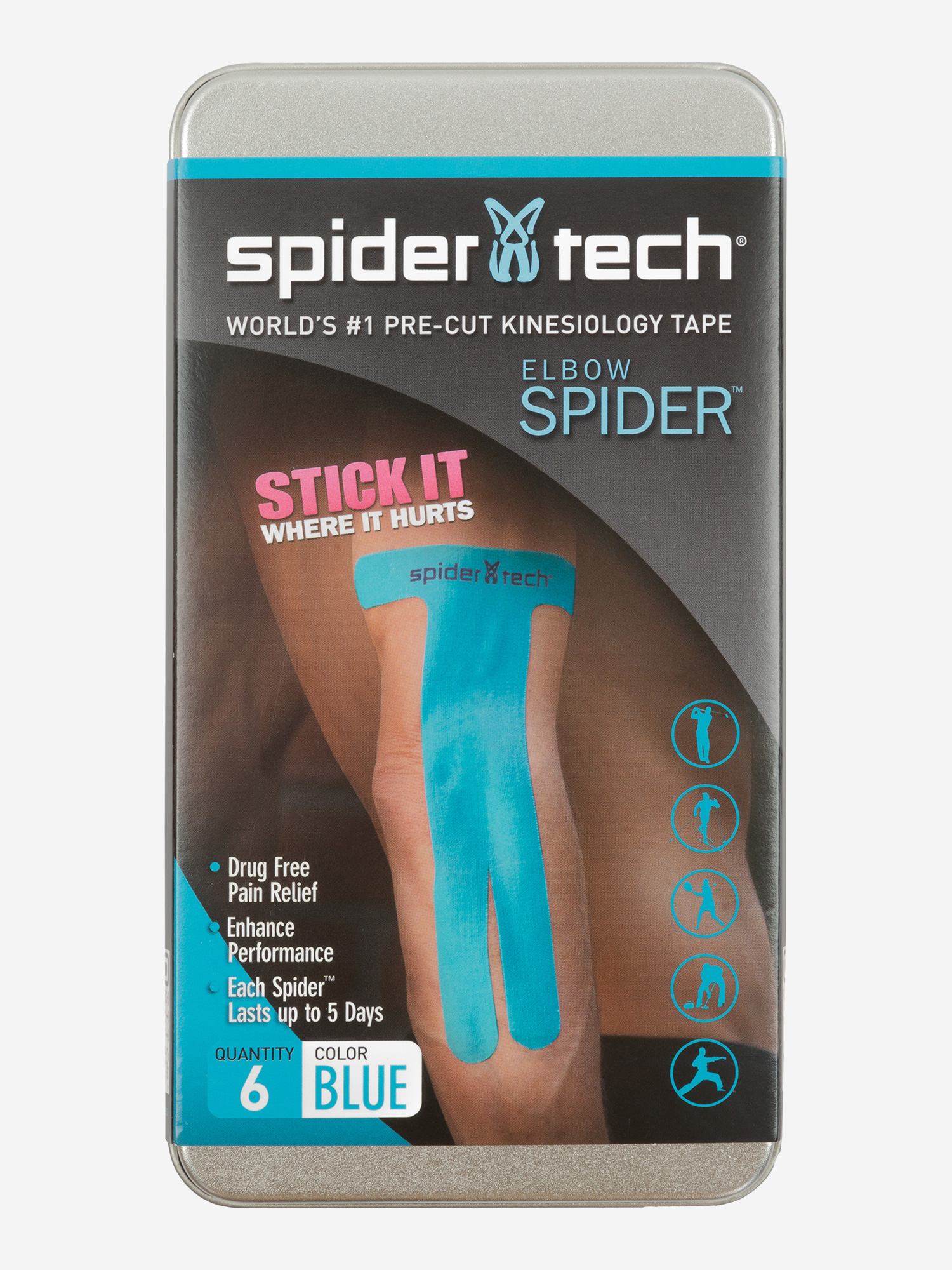 фото Тейп преднарезанный для локтевой части spidertech, 6 шт., голубой