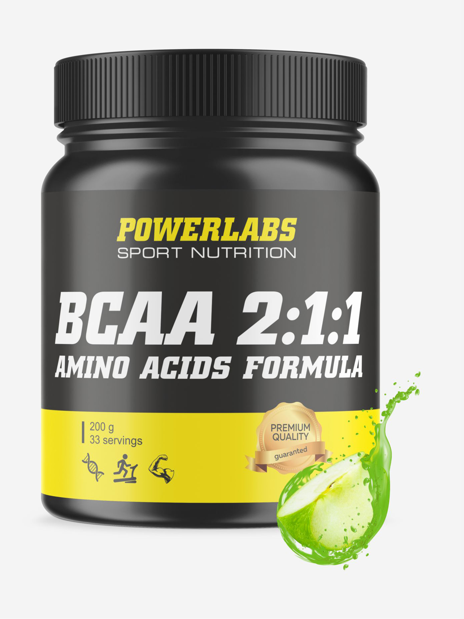 Аминокислоты BCAA, Powerlabs, 200 г, яблоко, Черный