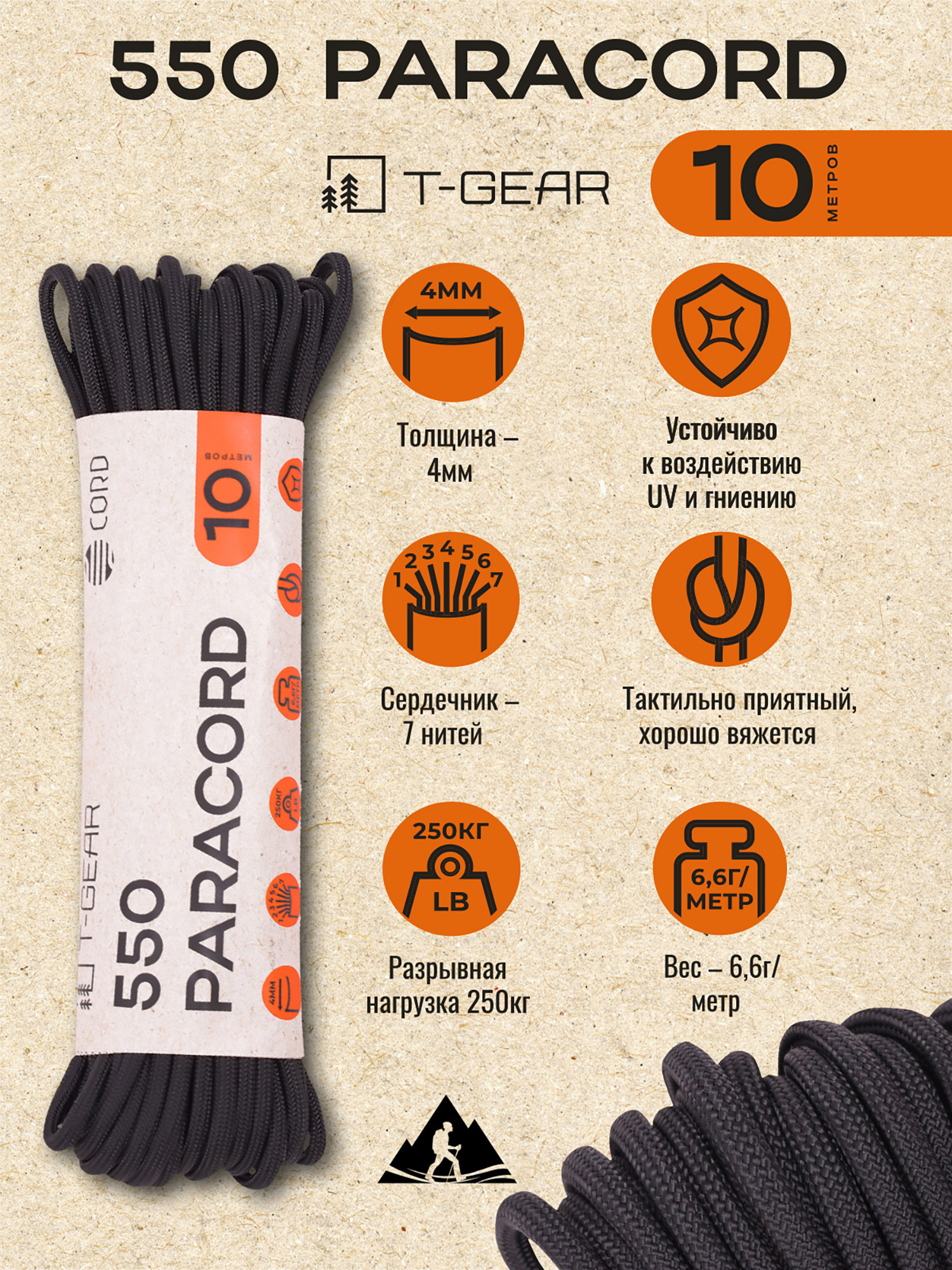 Изображение товара Паракорд T-Gear/CORD 550 Black 10 м — прочный нейлоновый шнур для походов