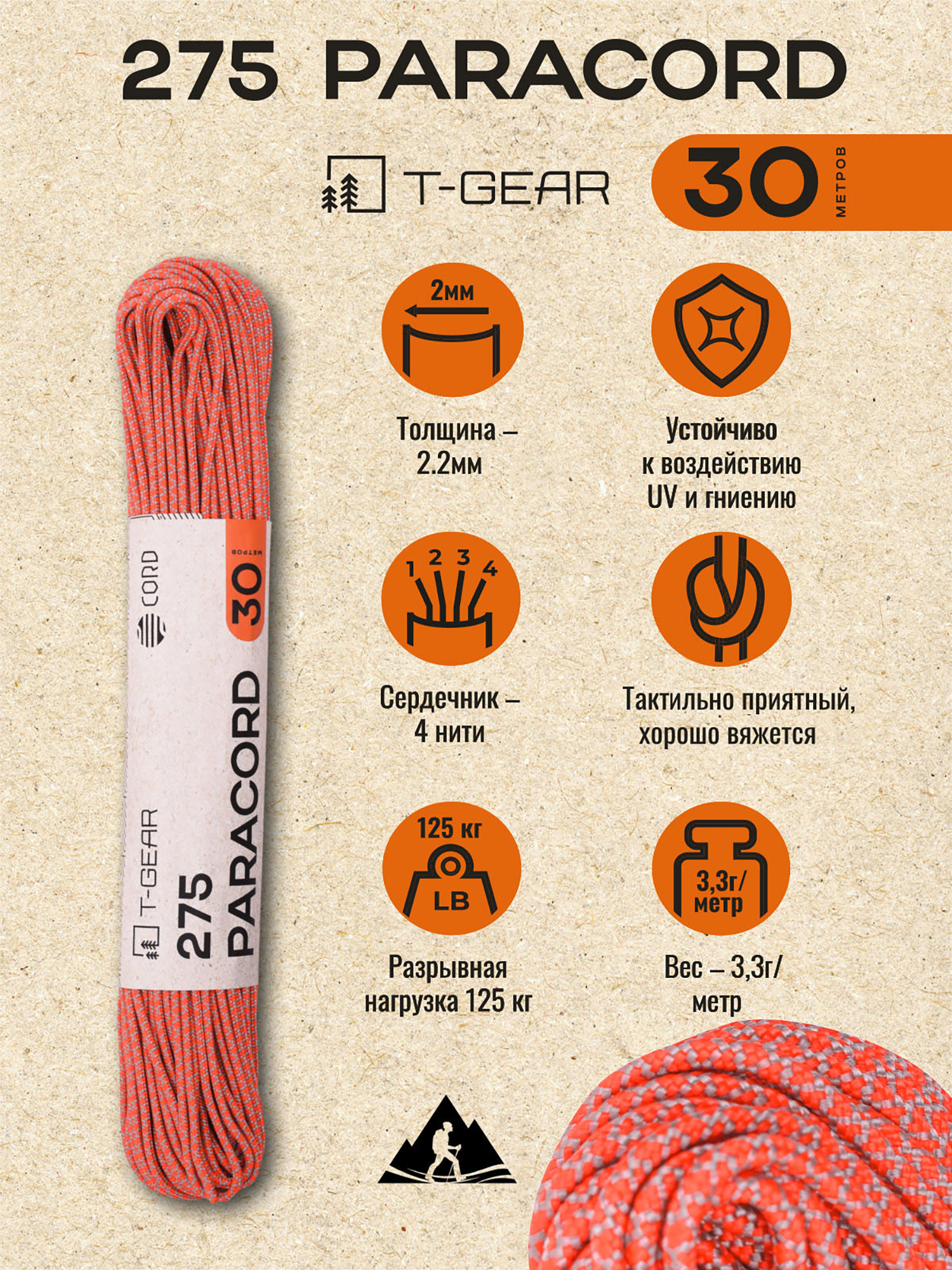 Изображение товара Паракорд 275 T-Gear x CORD нейлон 3000 см Orange Grey Snake