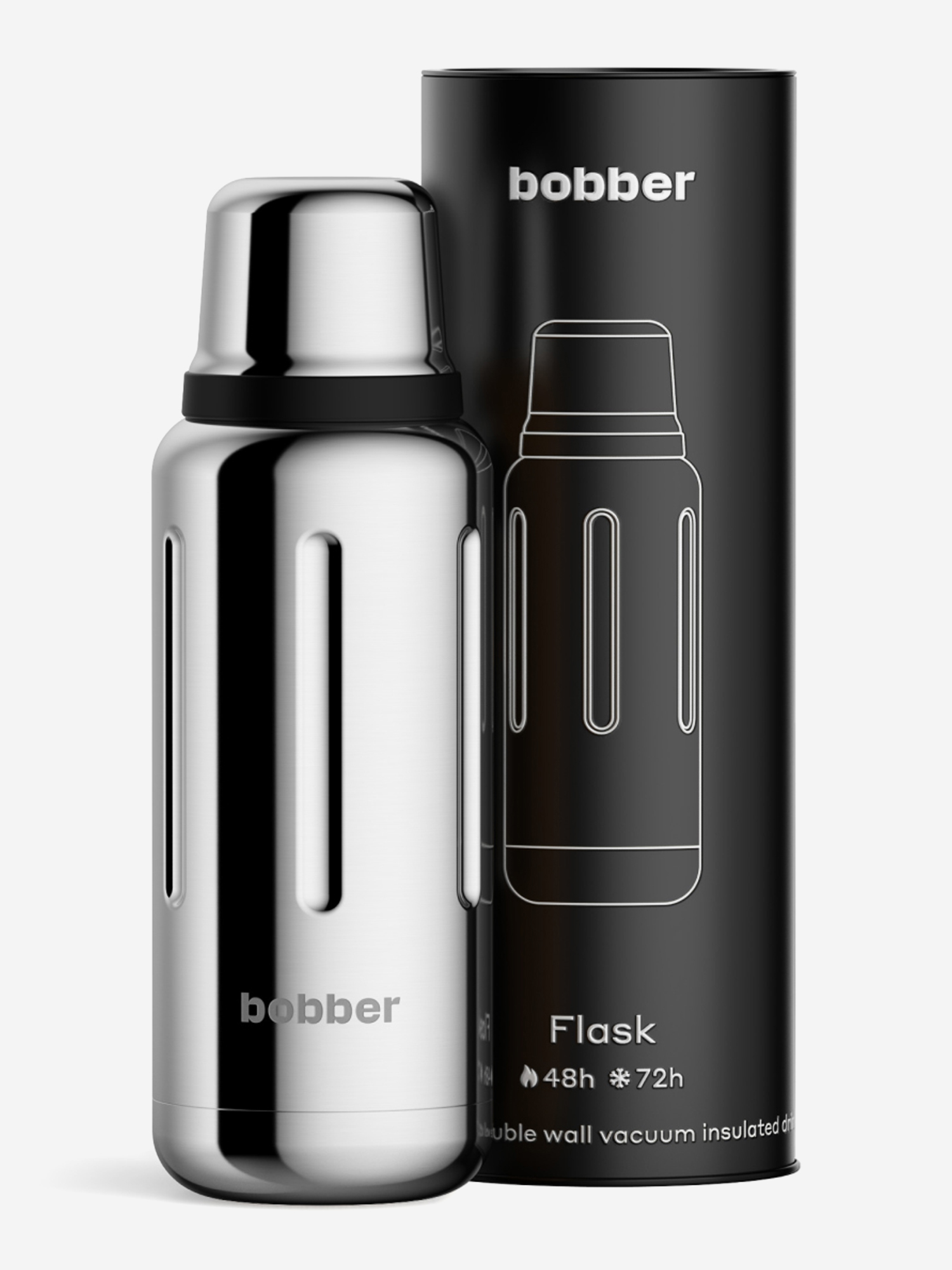 

Термос вакуумный для напитков BOBBER Flask 1 литр пробка с наливными каналами, тепло до 48 часов, зеркальный, Серебряный