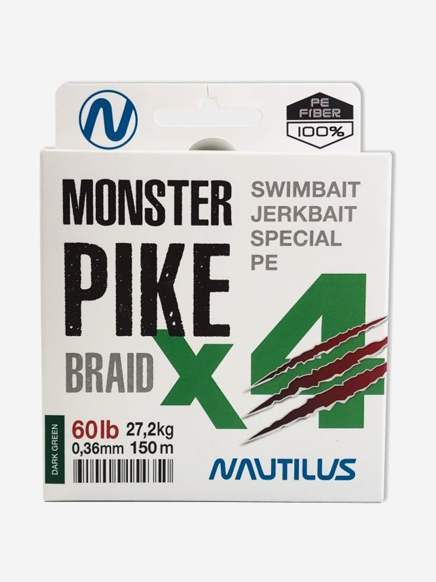 

Шнур Nautilus Monster Pike Braid X4 Dark Green d-0.36 27.2кг 60lb 150м, Зеленый
