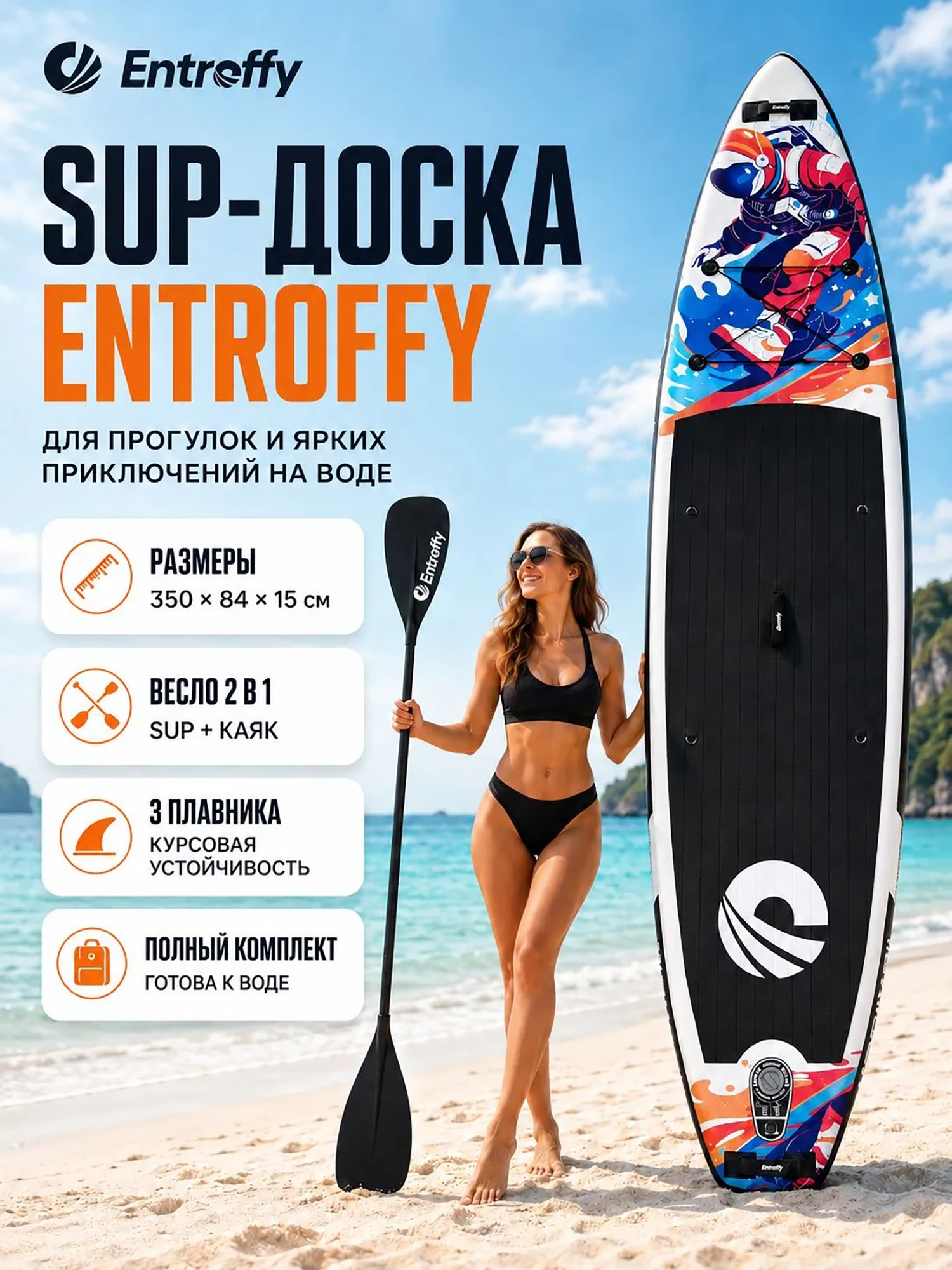 Изображение товара Сапборд ENTROFFY Cosmic Black, 350 см, двухслойный, Черный Изображение товара Сапборд ENTROFFY Cosmic Black, 350 см, двухслойный, Черный