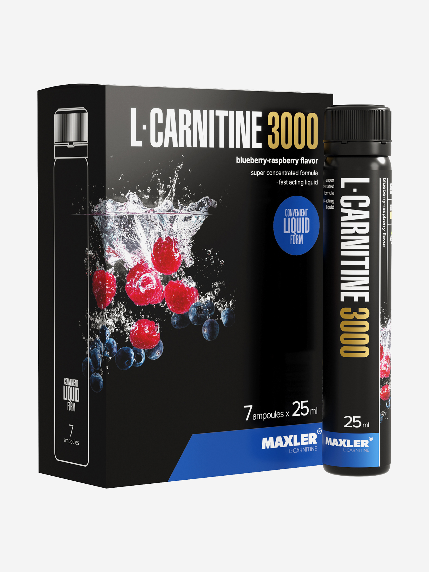 Изображение товара Л-карнитин жидкий Maxler, 3000 мг на порцию, 7 туб по 25 мл - Черника-малина, Черный
