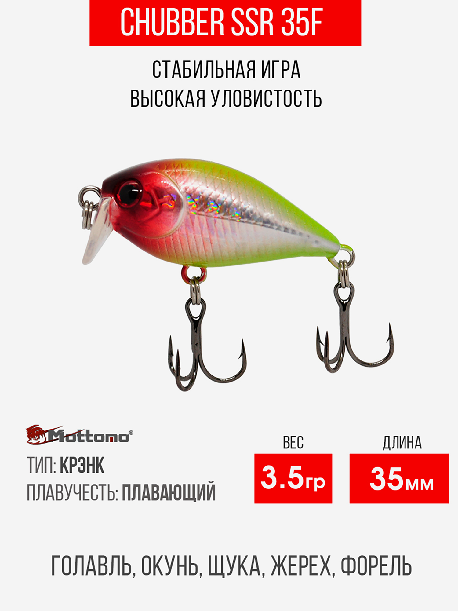 

Воблер Mottomo Chubber SSR 35F 3,5g Pure Clown, Мультицвет