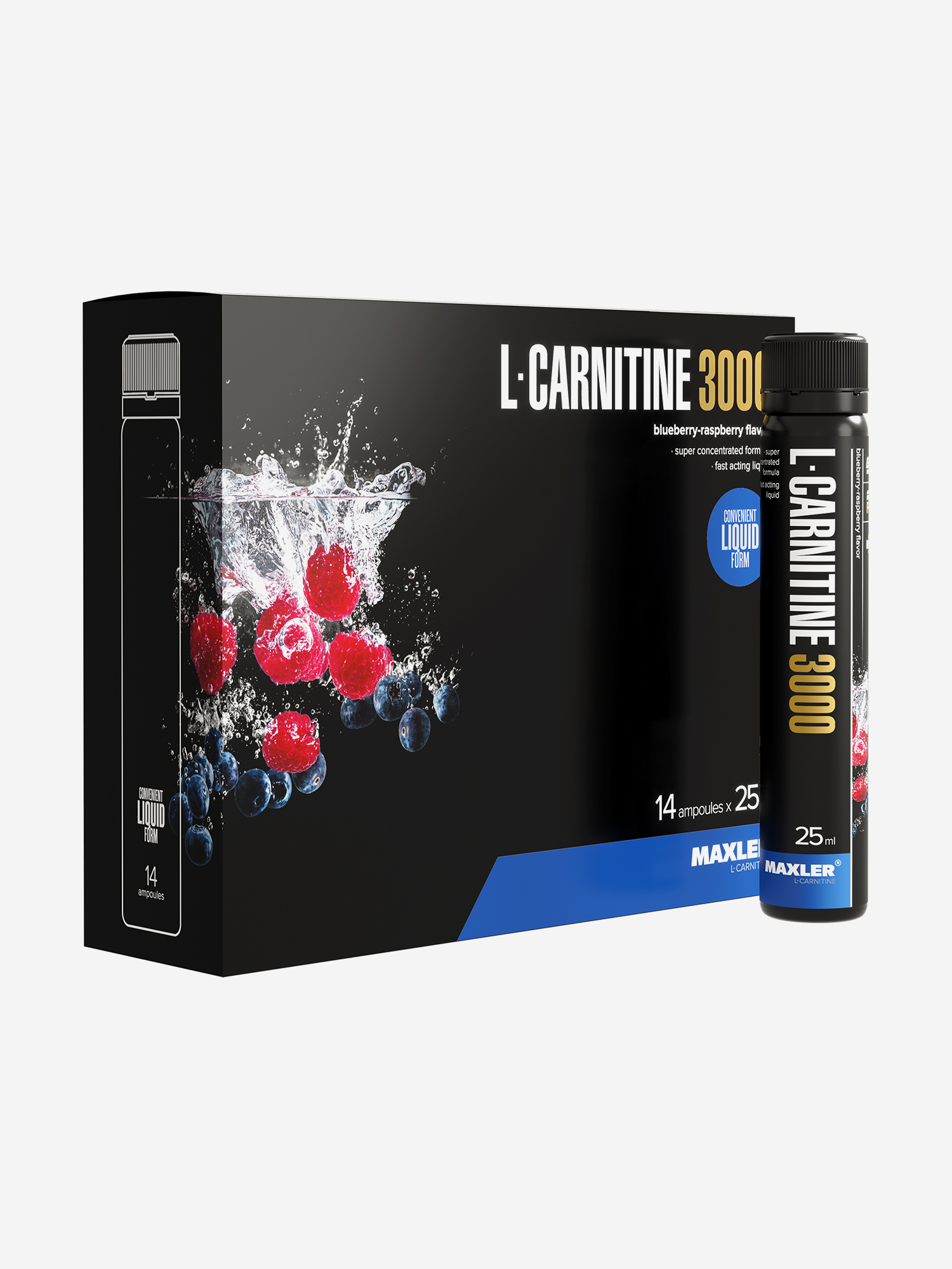Изображение товара Л-карнитин жидкий Maxler, 3000 мг, 14 туб по 25 мл - Черника-малина, Черный