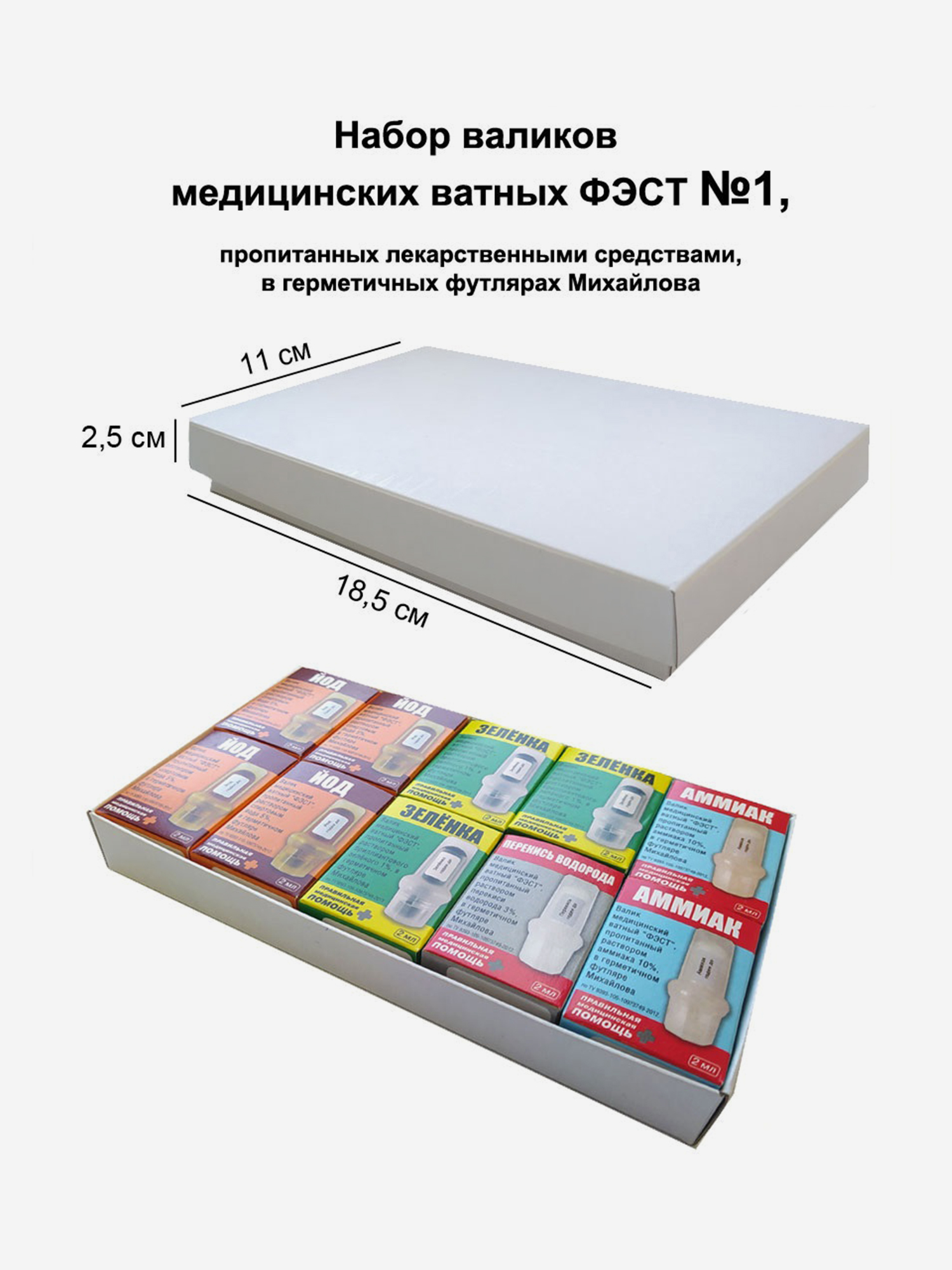 

Набор валиков медицинских ватных ФЭСТ №1 (Йод 4,зеленка 3,аммиак 2,перекись 1), Белый