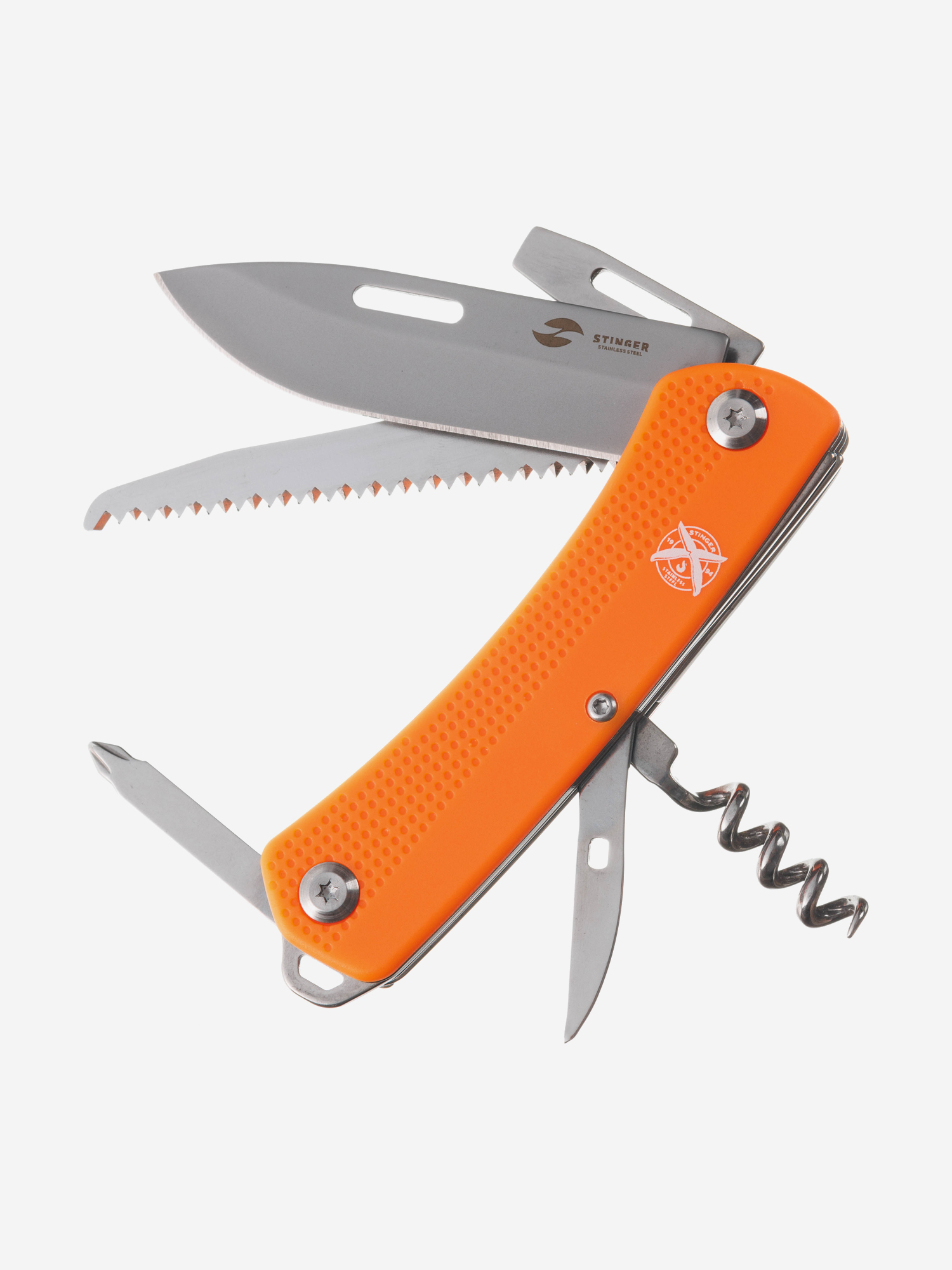 Нож перочинный Stinger, 103 мм, 10 функций, материал рукояти: АБС-пластик (оранжевый), Оранжевый термокружка stinger 0 42 л сталь пластик белый с принтом 7 4 x 6 7 x 22 4 см белый