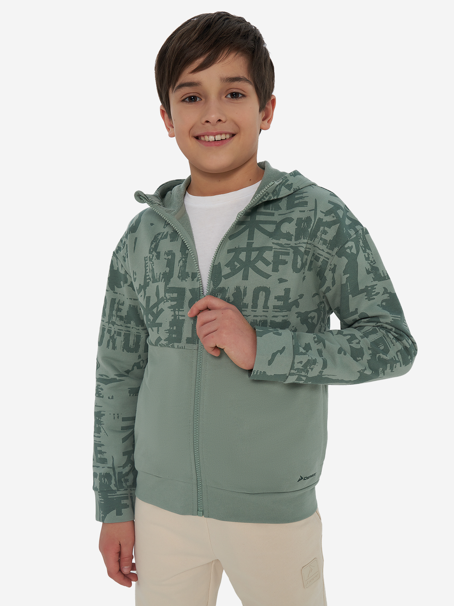 Изображение товара Толстовка для мальчиков Demix с капюшоном на молнии зеленая спортивная одежда