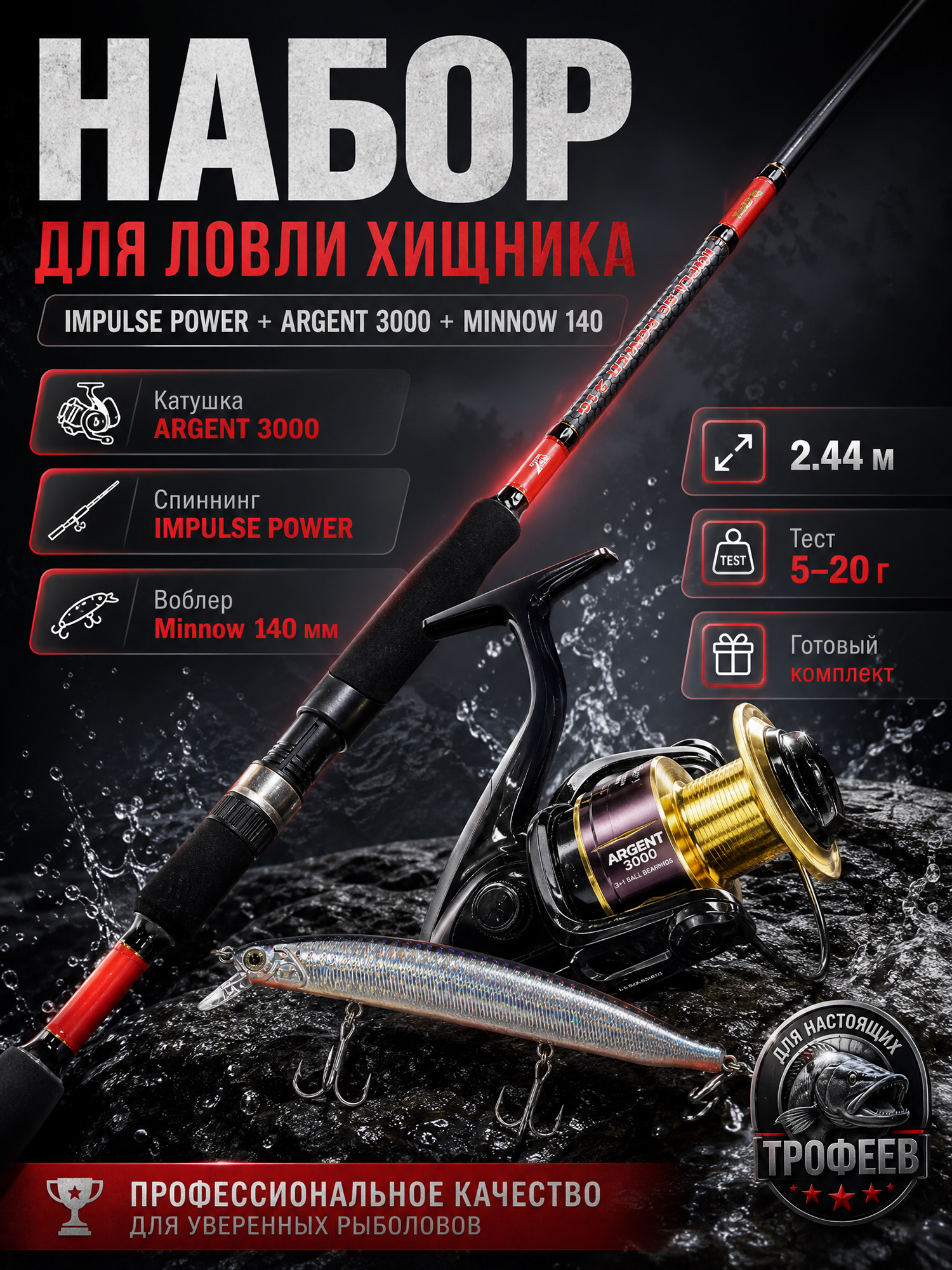 Изображение товара Спиннинговый набор IMPULSE POWER 2.44м 5-20г с катушкой ARGENT 3000 и воблером