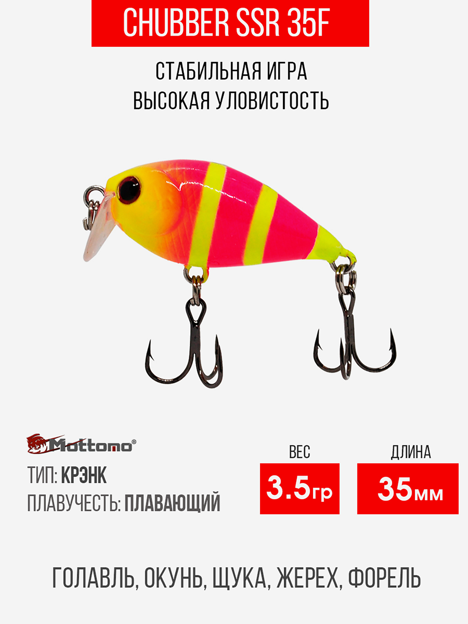

Воблер Mottomo Chubber SSR 35F 3,5g Pink Chartreuse, Розовый