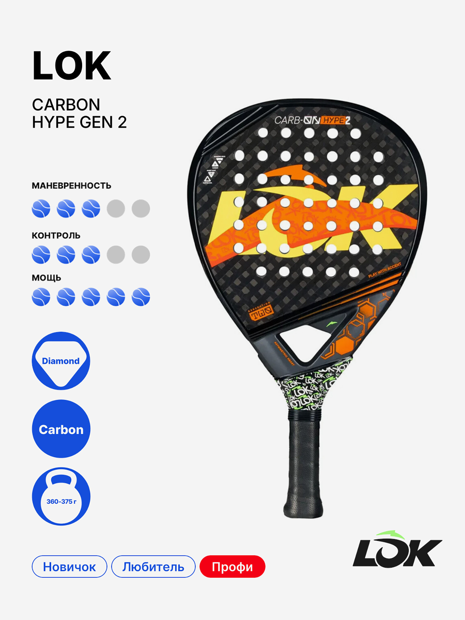 Изображение товара Ракетка для падела Lok Carbon Hype Gen 2 профессиональный инвентарь