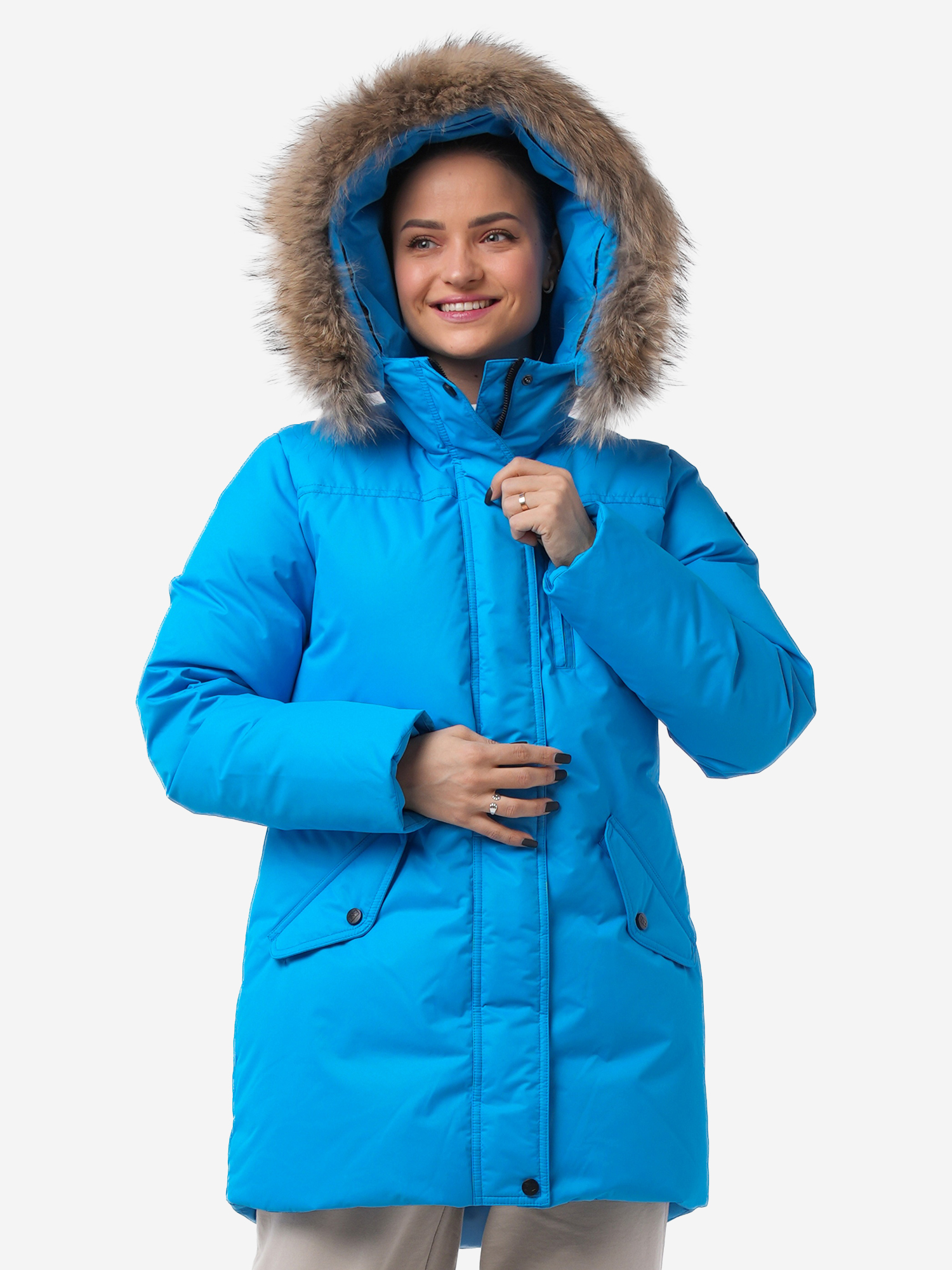 

Пуховик женский средней длины с мехом, Голубой