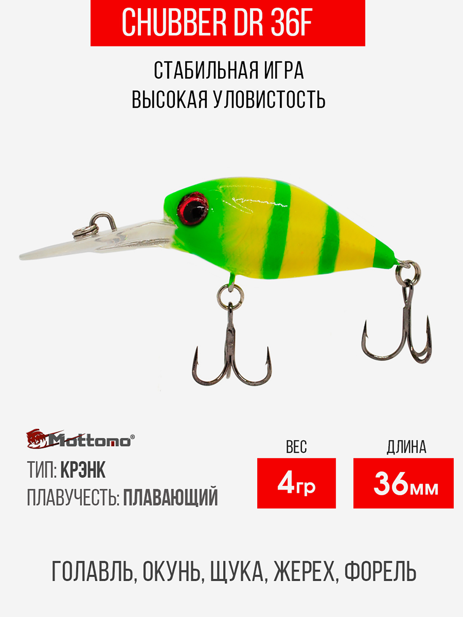 

Воблер Mottomo Chubber DR 36F 4g Violet Chartreuse, Черный