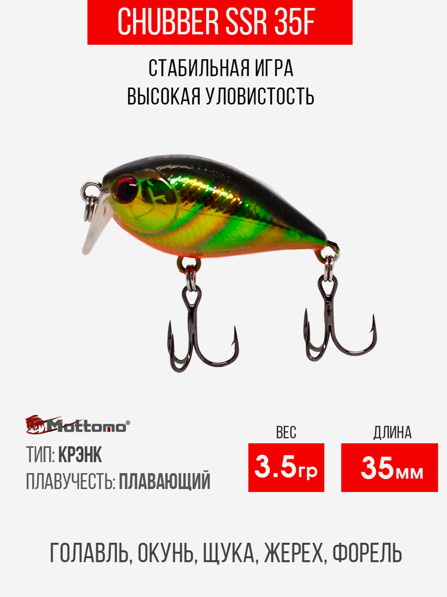 

Воблер Mottomo Chubber SSR 35F 3,5g Green Bug, Мультицвет
