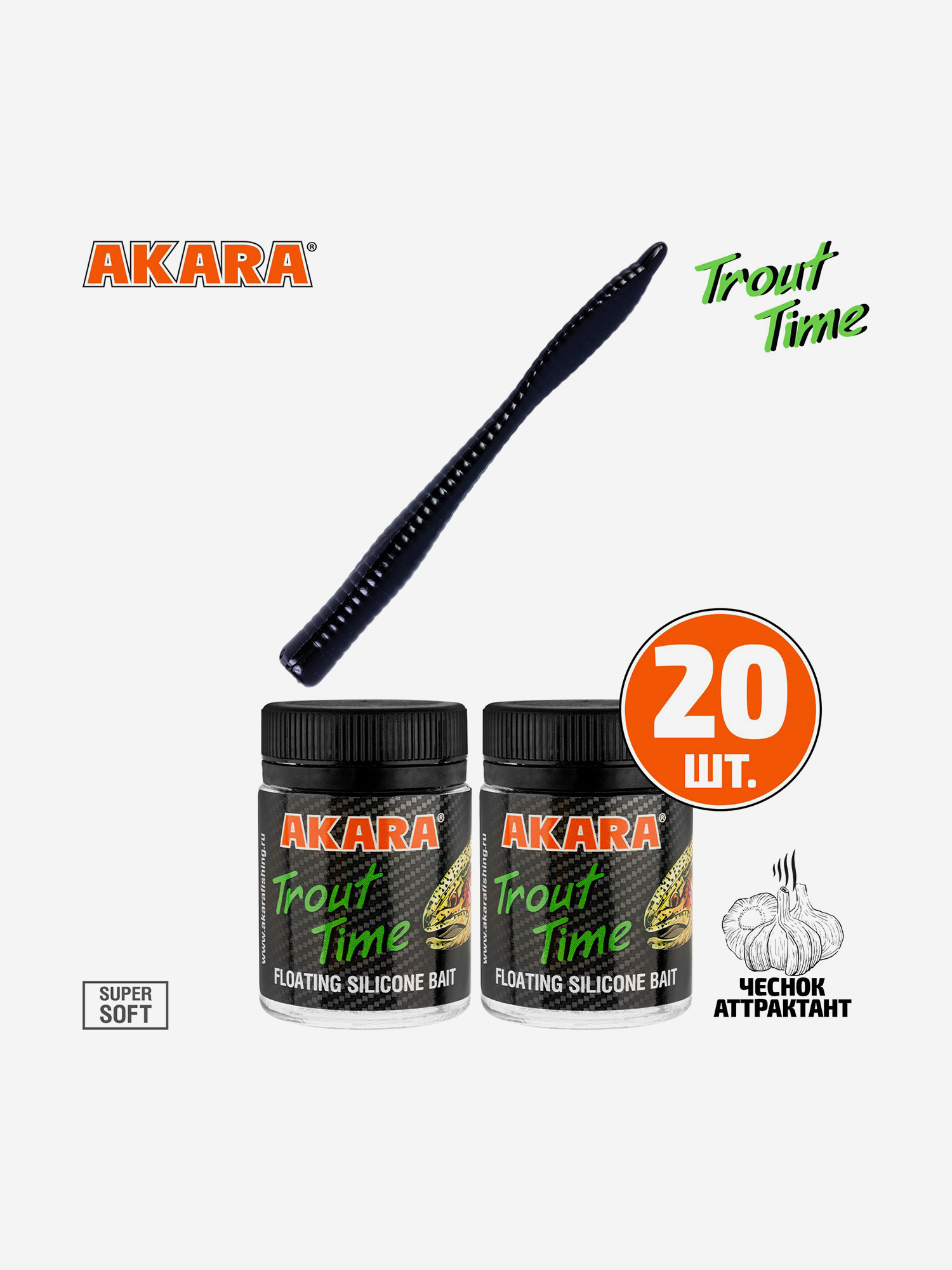 Изображение товара Силиконовая приманка Akara Trout Time WORM 3 422, Garlic (20 шт.), Черный