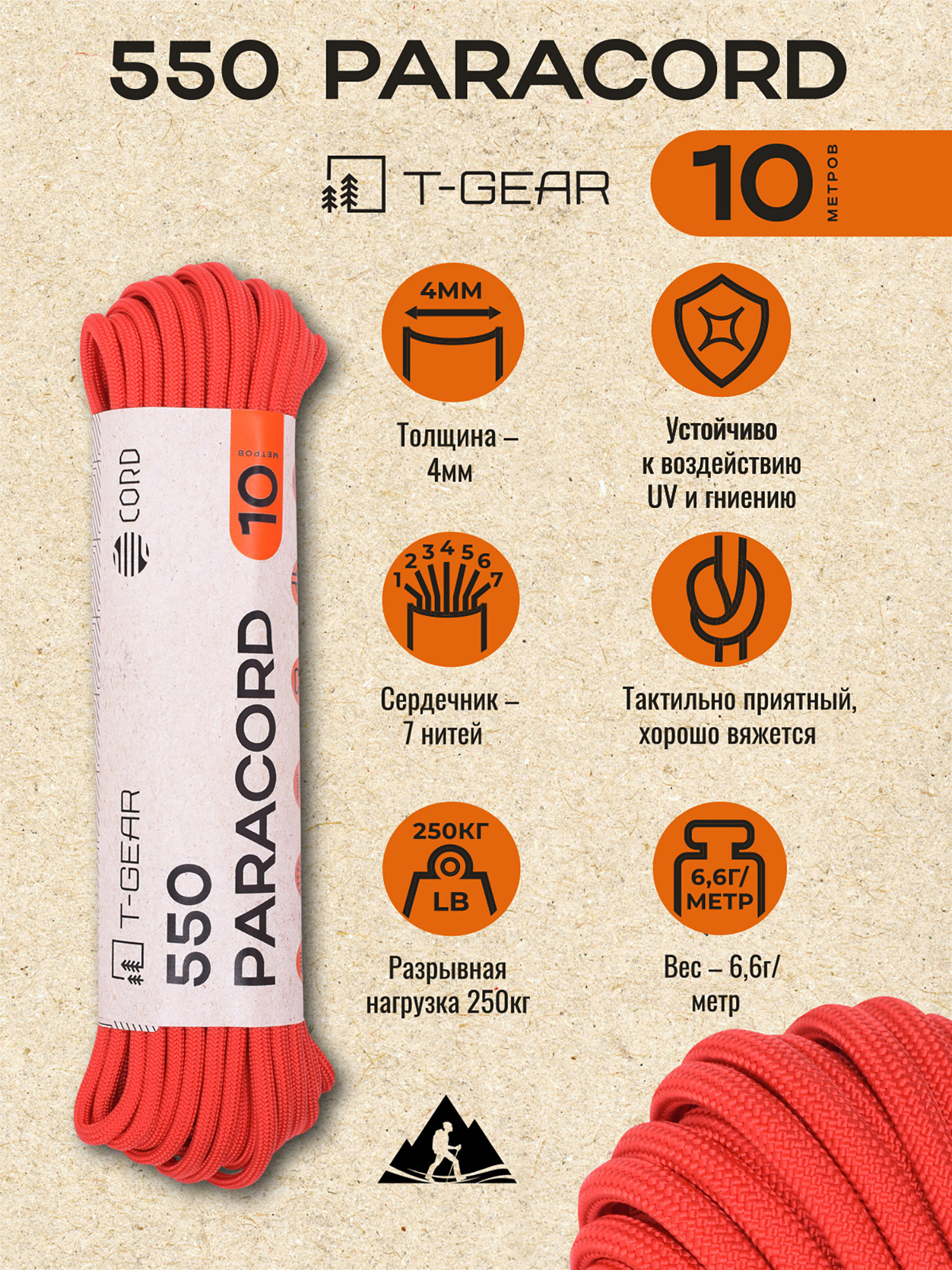 Изображение товара Спецодежда и аксессуары Паракорд 550 T-Gear x CORD 1000 мм (Red)