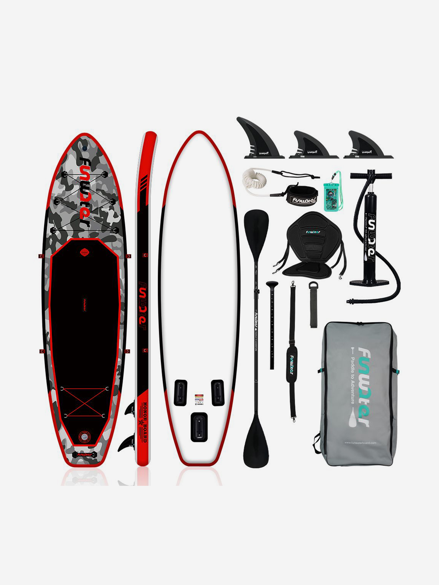 

Надувной сапборд FunWater Honor Red 10b (330*84*15) с сидушкой и двойным веслом, Серый