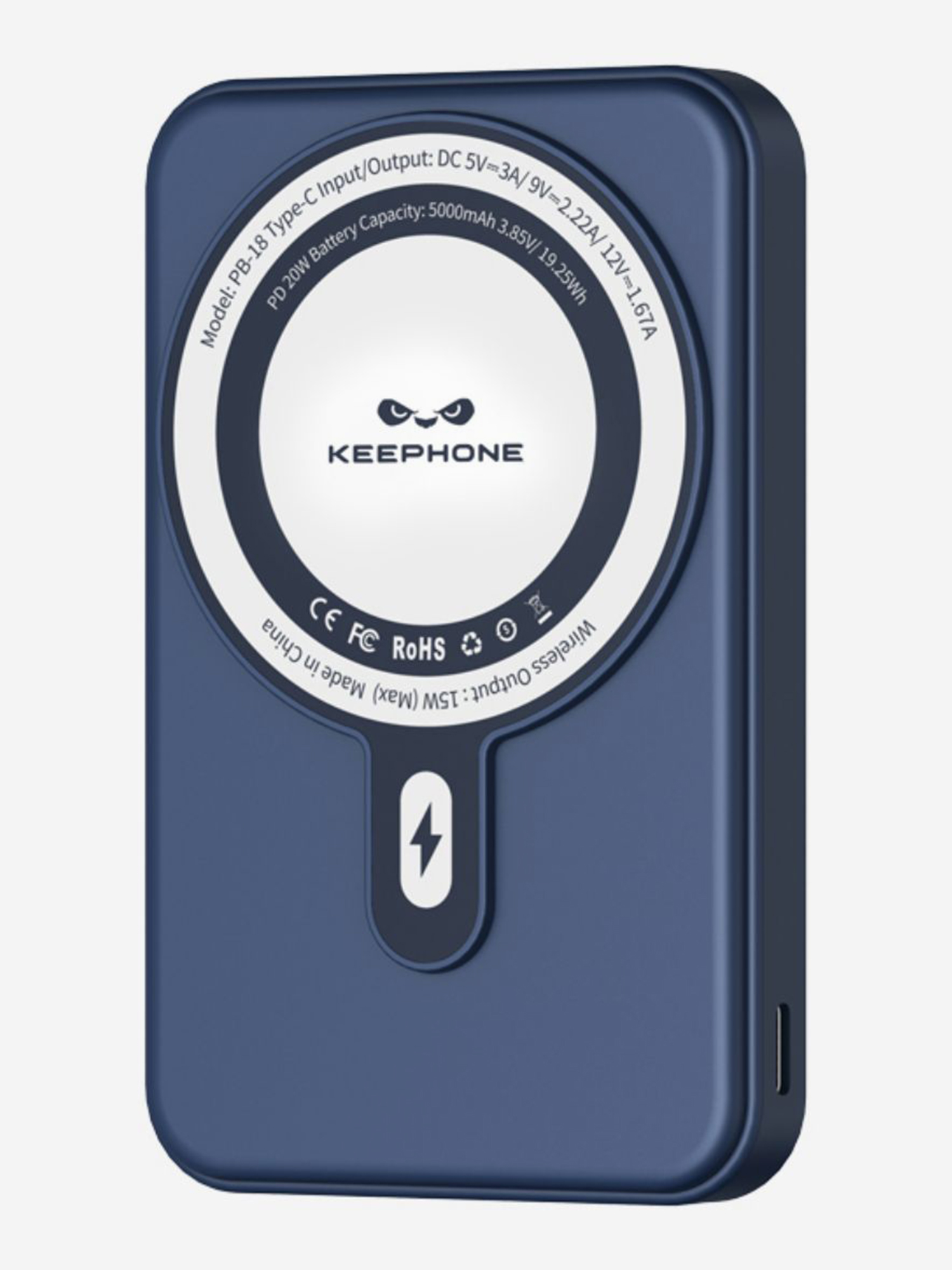 

Повербанк с беспроводной зарядкой для телефона KEEPHONE Snap Charger / Быстрая зарядка аккумулятора: 5000 мАч, подставка — Синий, Синий